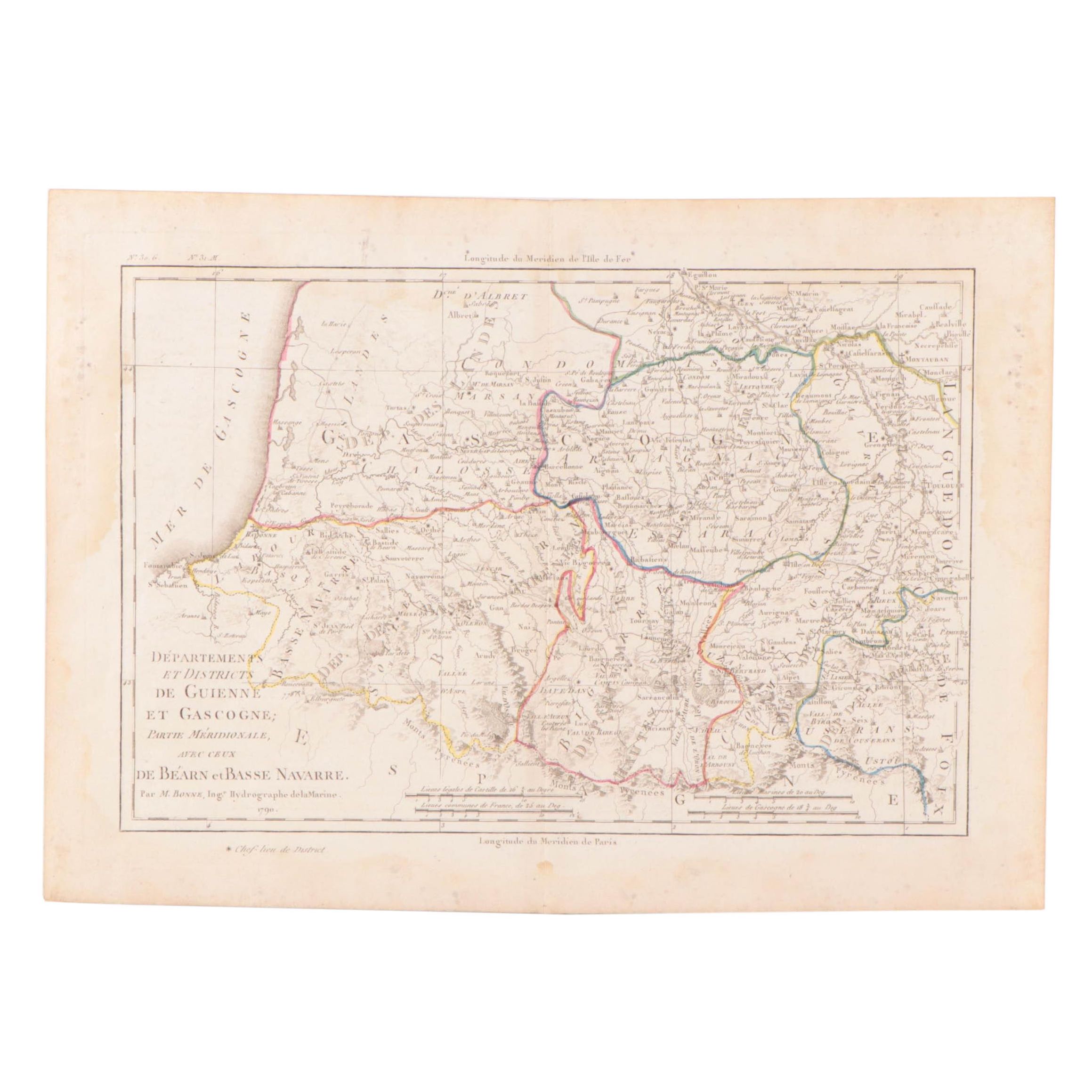 Rigobert Bonne Hand-Colored Map of Guyenne and Gascony, 1790