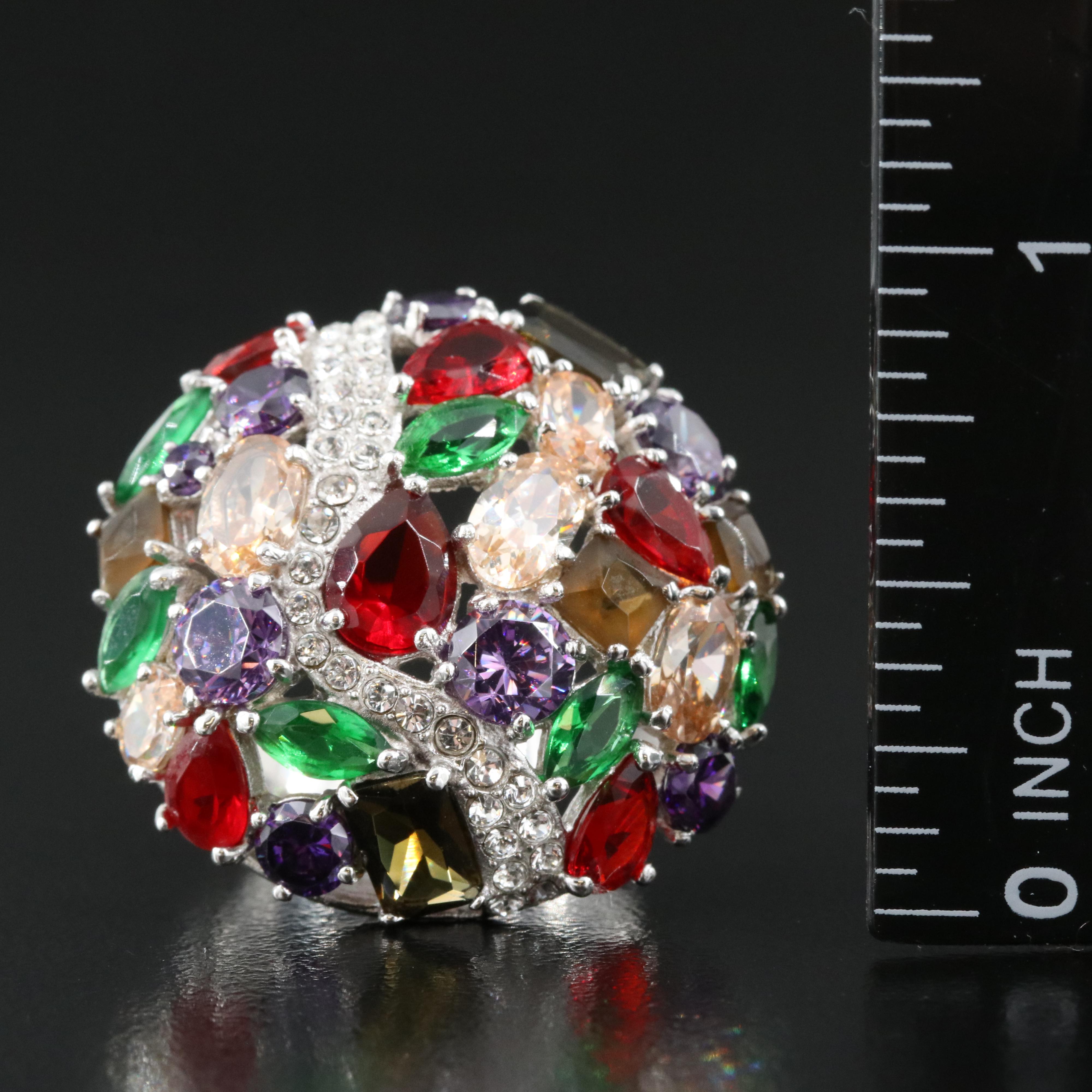 Sterling Cubic Zirconia, Rhinestone and Glass Bombé Ring