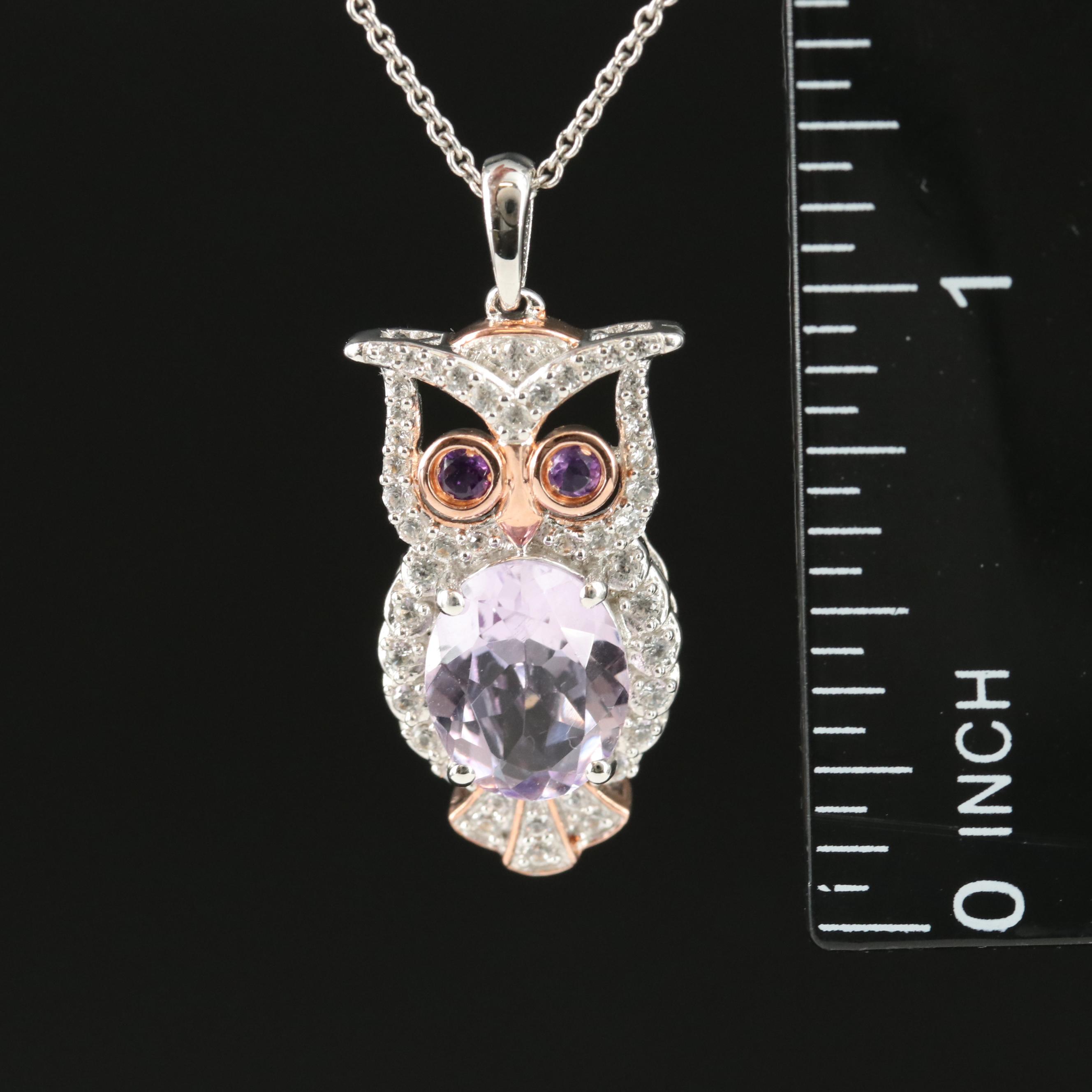 Sterling Amethyst and White Sapphire Owl Pendant Necklace