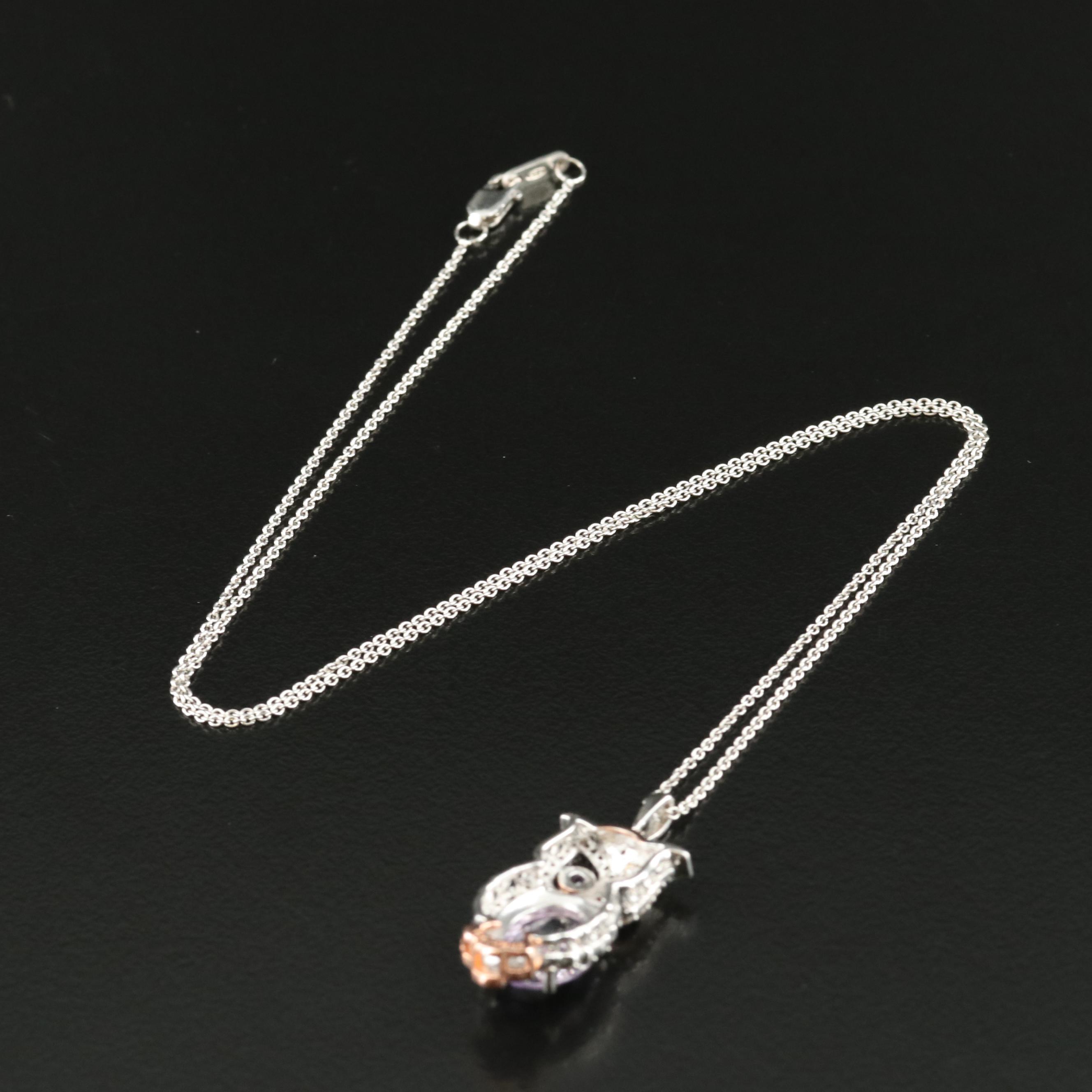 Sterling Amethyst and White Sapphire Owl Pendant Necklace