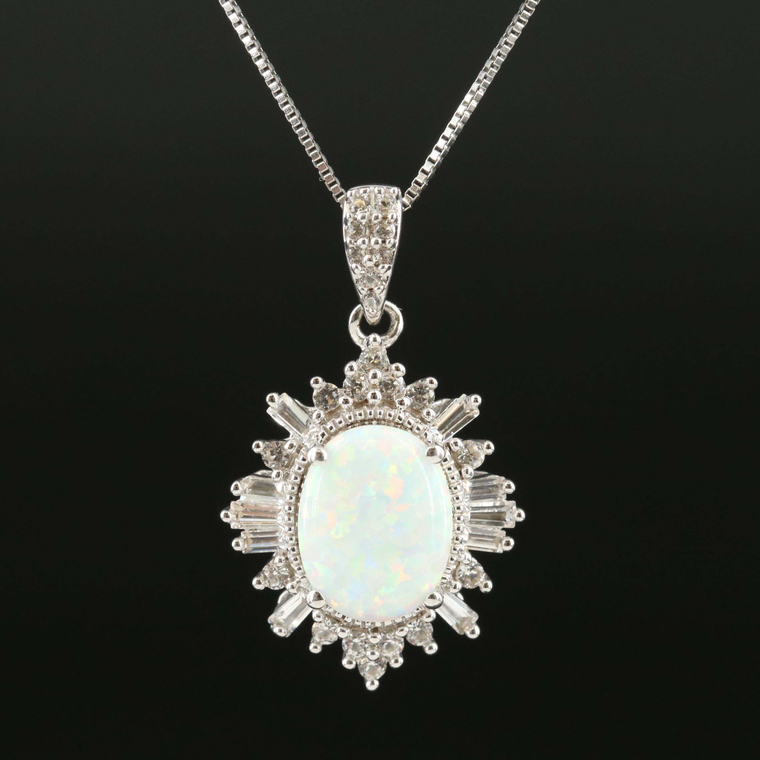 Sterling Opal and White Sapphire Pendant Necklace