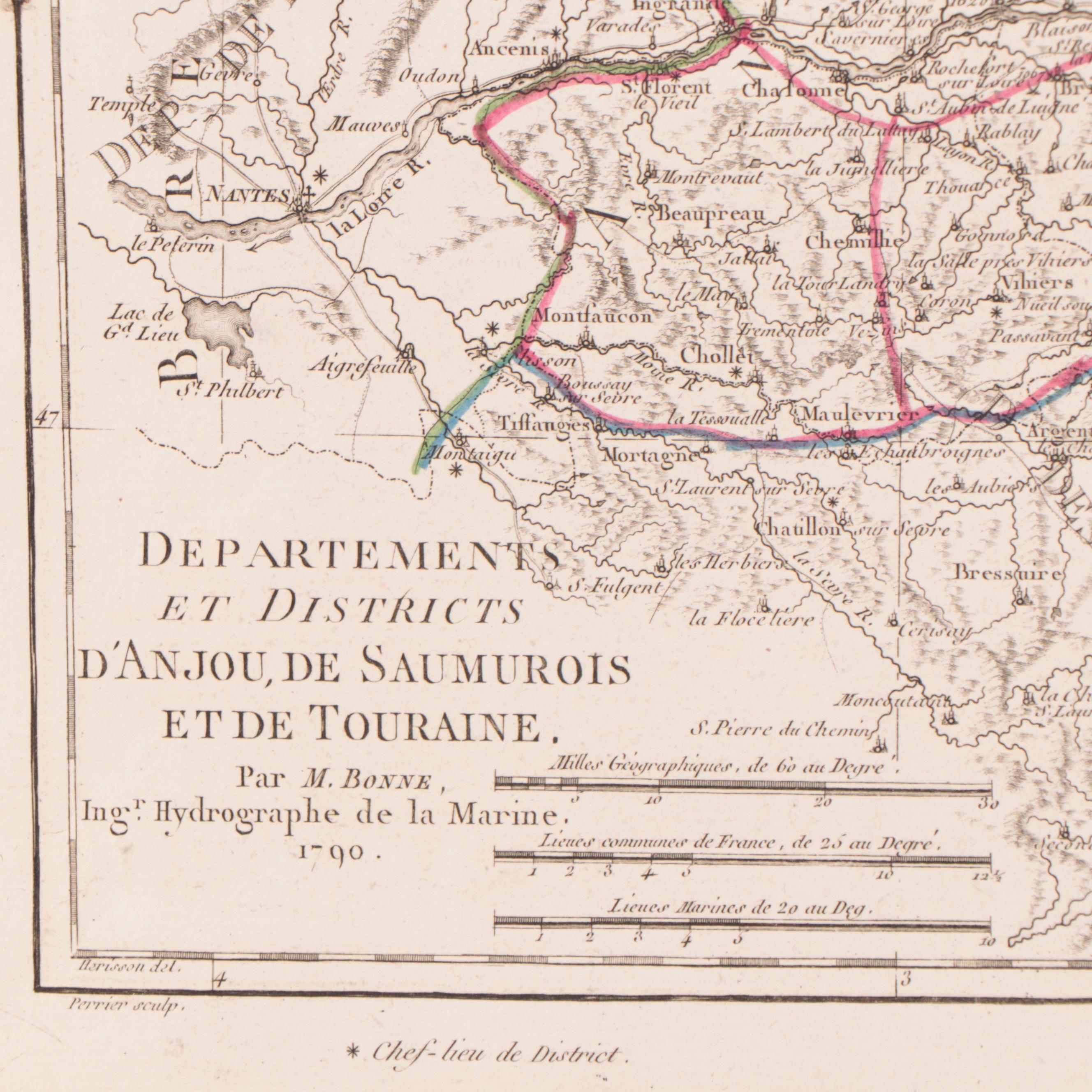 Rigobert Bonne Hand-Colored Map of Anjou, Saumurois, Touraine, 1790