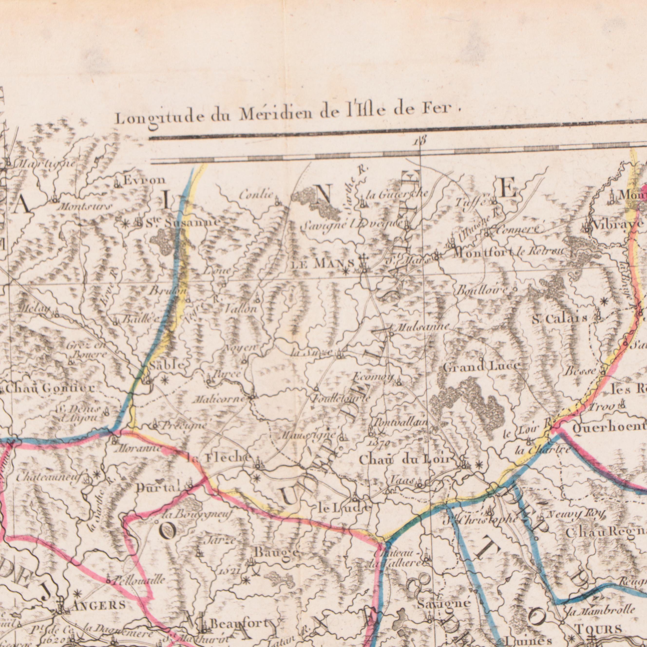Rigobert Bonne Hand-Colored Map of Anjou, Saumurois, Touraine, 1790