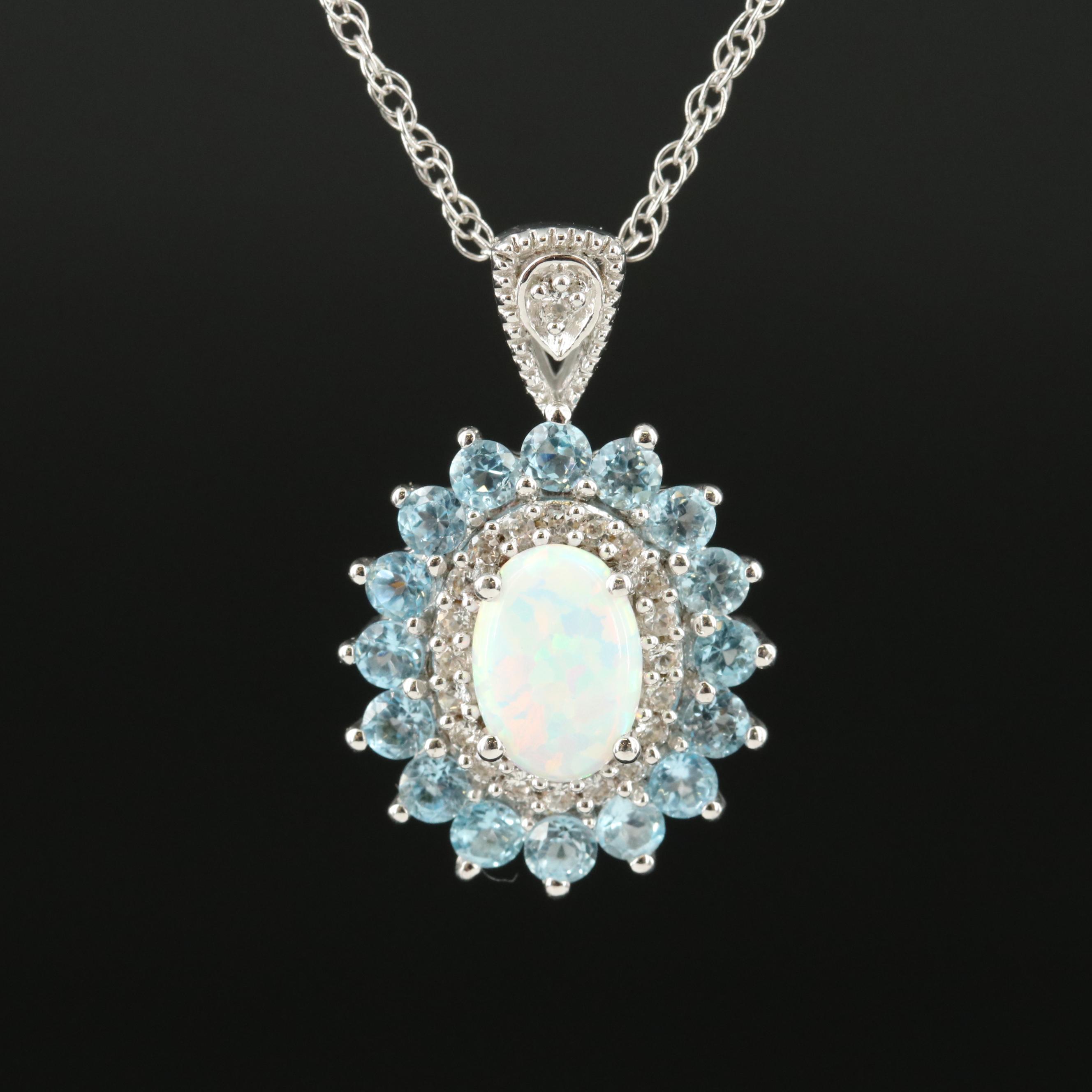 Sterling Opal, Sky Blue Topaz and White Sapphire Pendant Necklace
