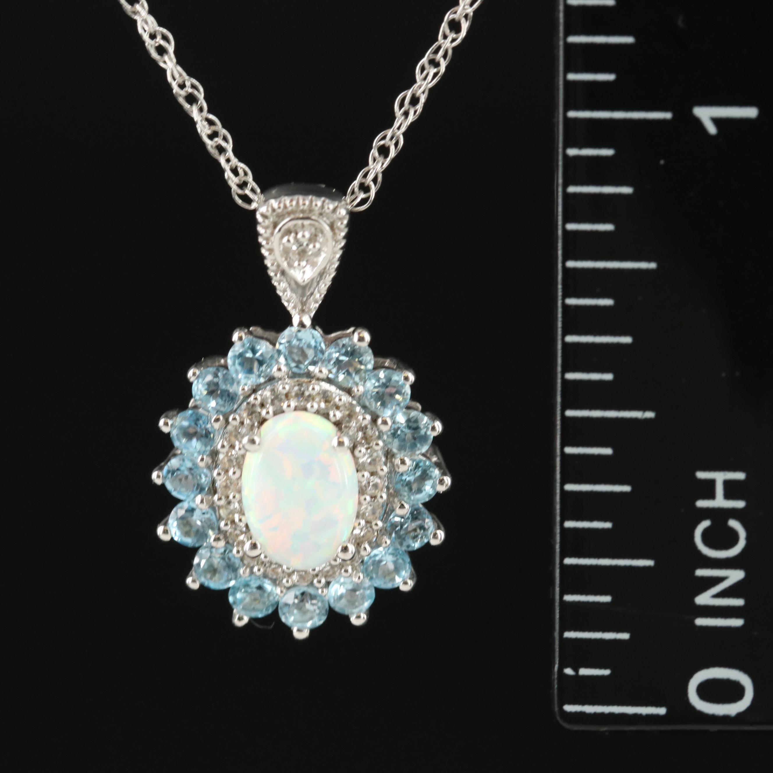 Sterling Opal, Sky Blue Topaz and White Sapphire Pendant Necklace