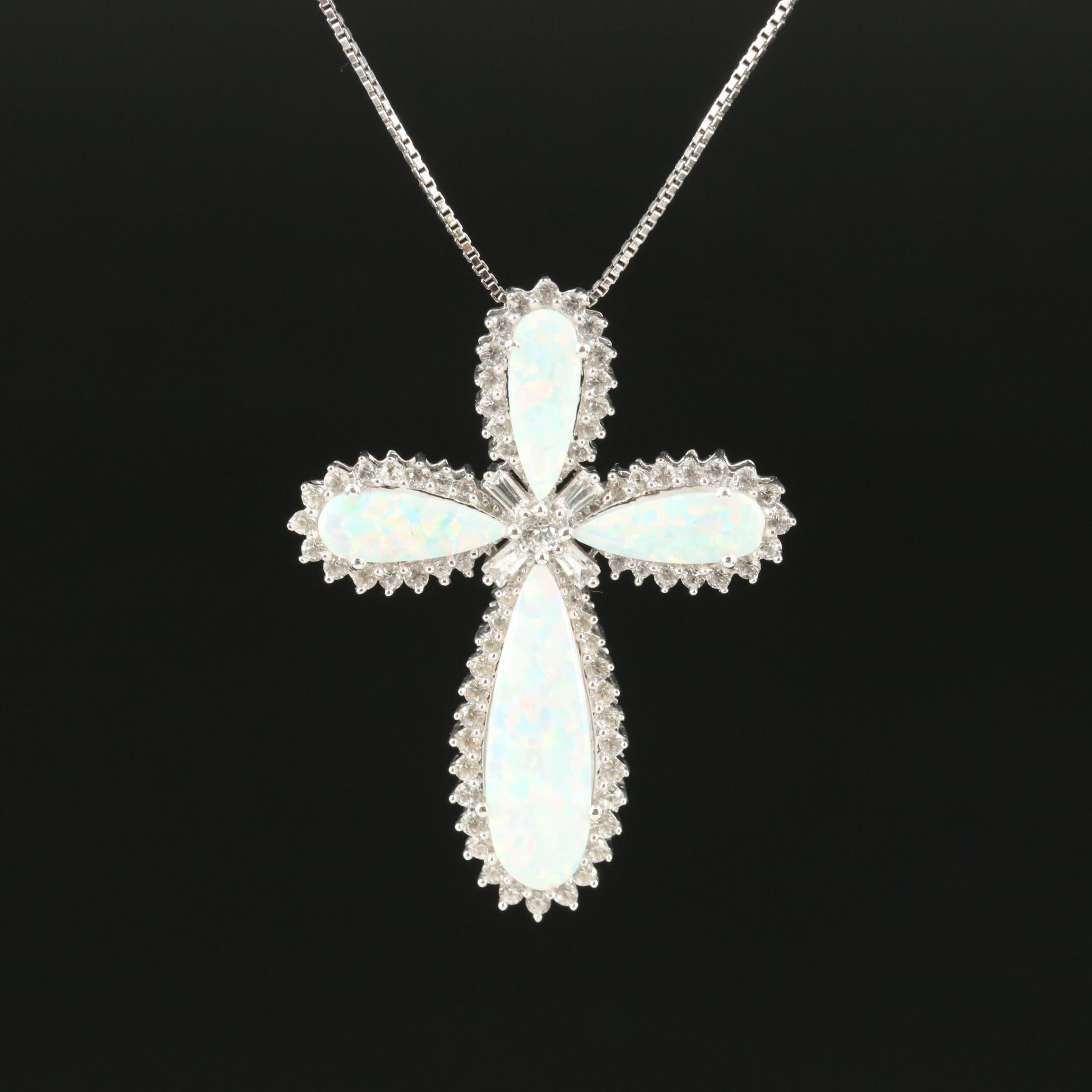 Sterling Opal and White Sapphire Cross Necklace