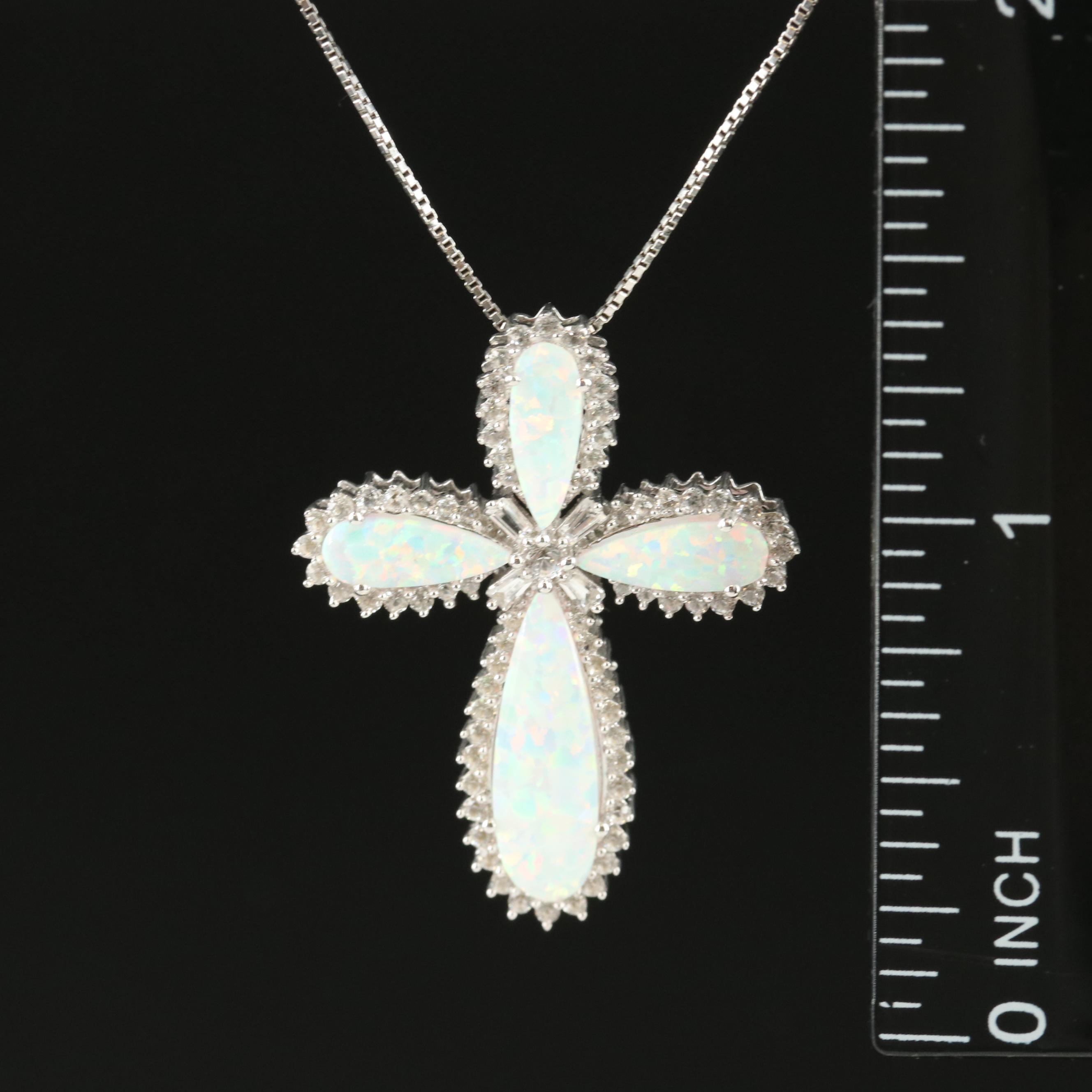 Sterling Opal and White Sapphire Cross Necklace
