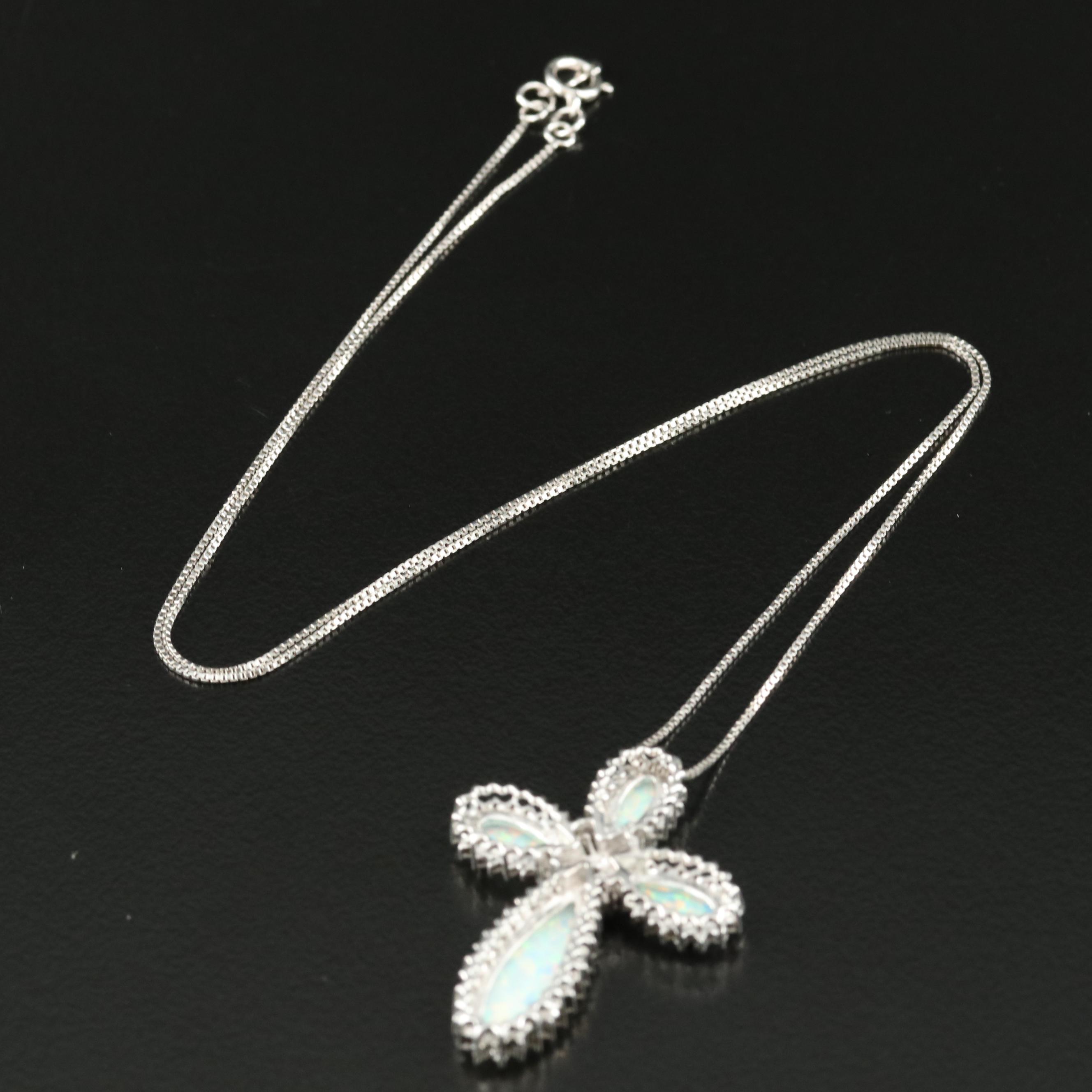 Sterling Opal and White Sapphire Cross Necklace