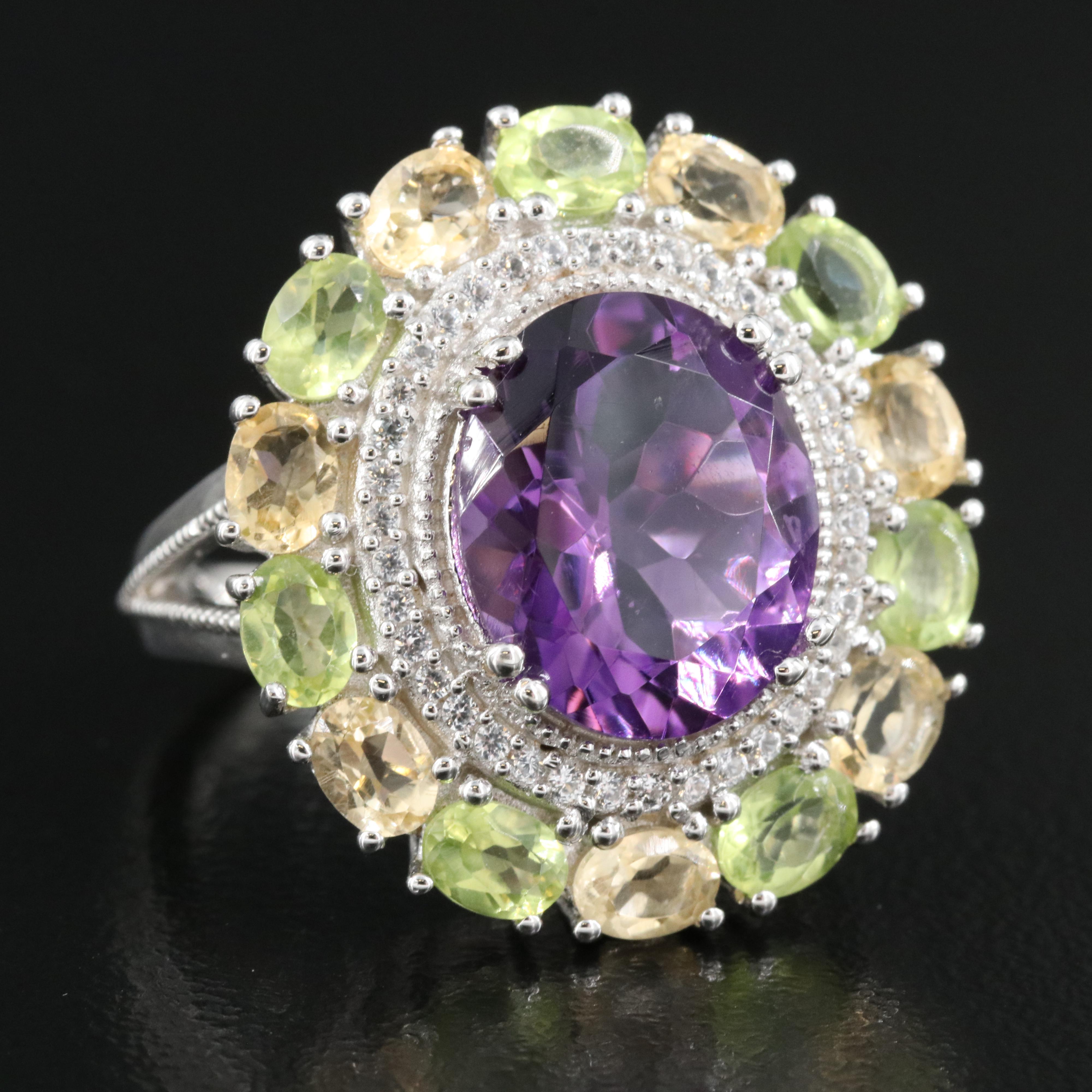 Sterling Ring Amethyst, Peridot and Sapphire
