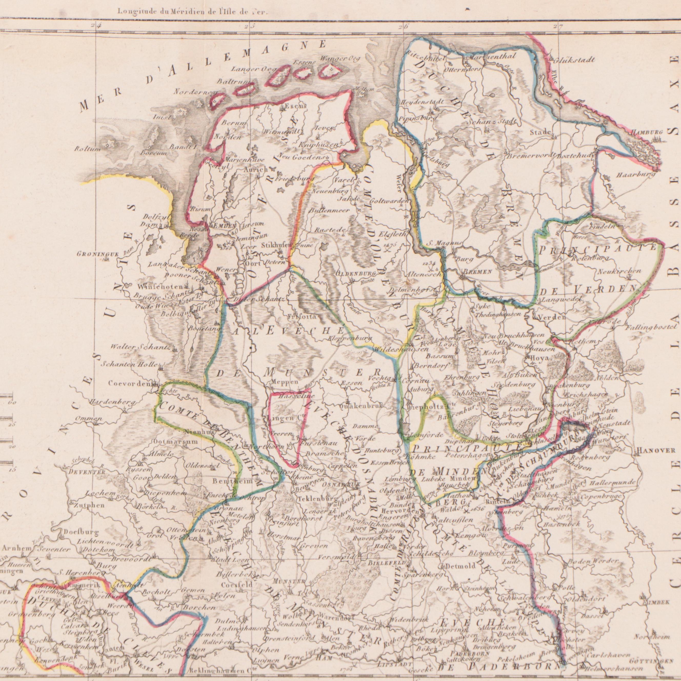 Rigobert Bonne Hand-Colored Map "Cercle de Westphalie. Partie Septentrionale."