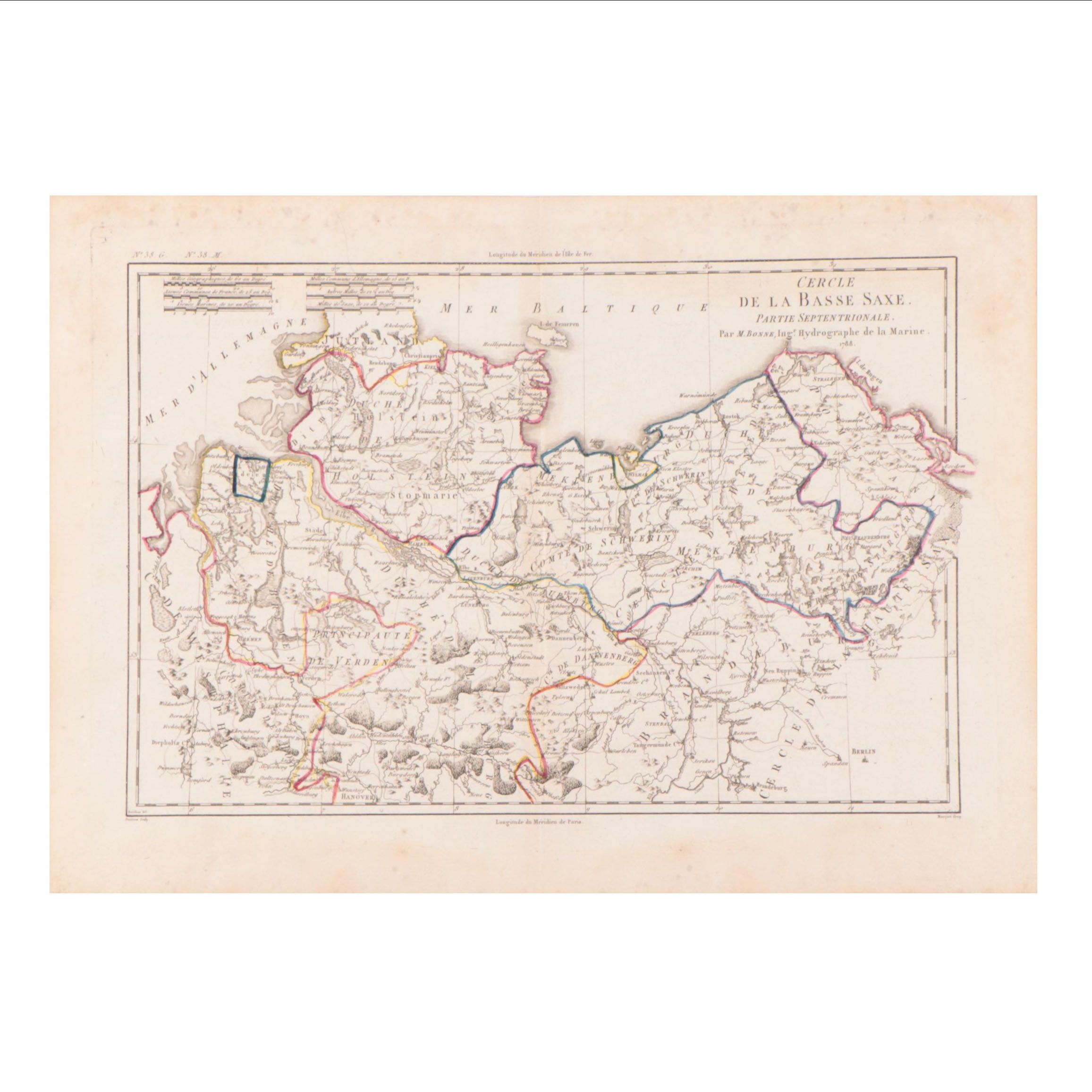 Rigobert Bonne Hand-Colored Map "Cercle de la Basse Saxe. Partie Septentrionale"
