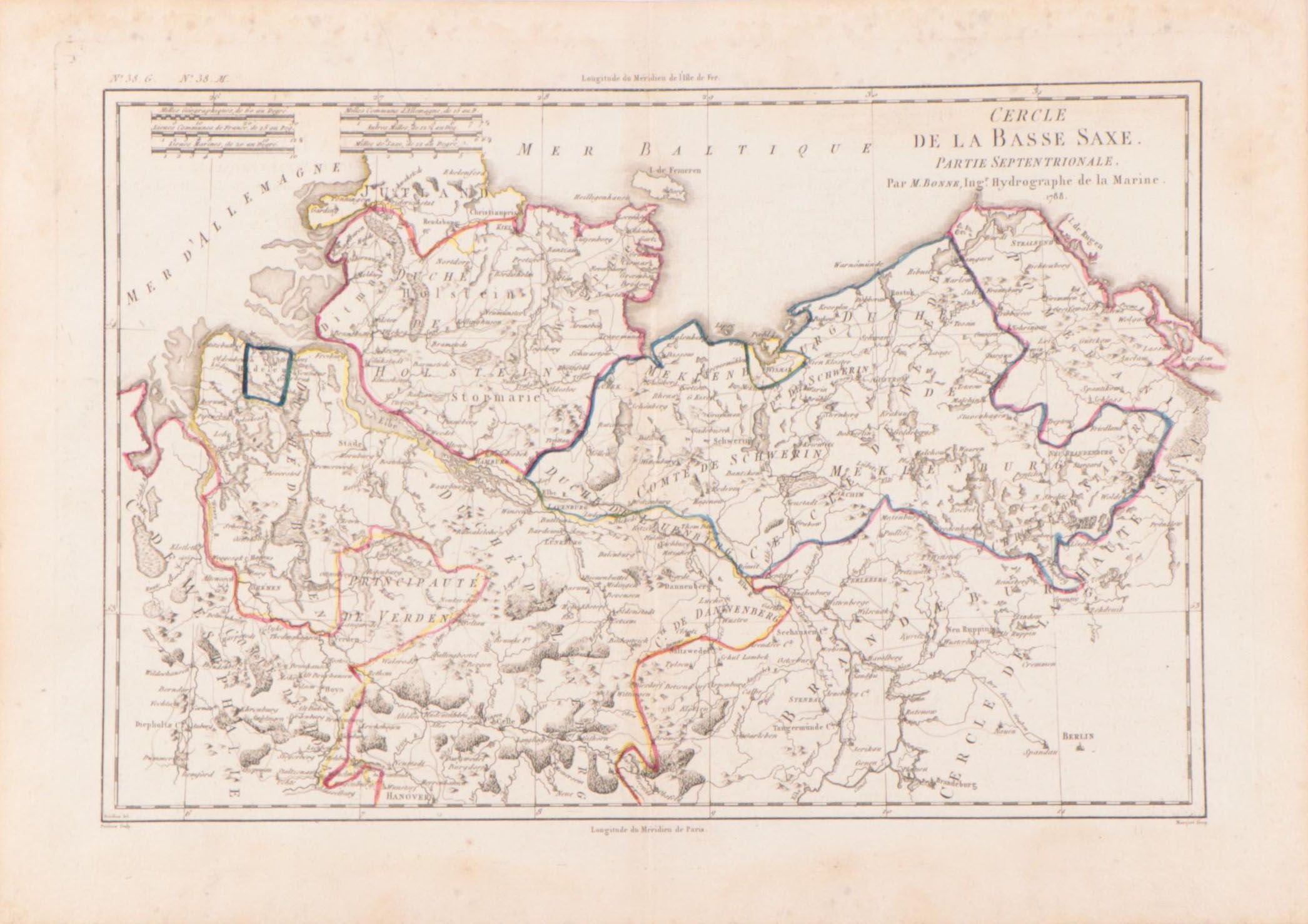 Rigobert Bonne Hand-Colored Map "Cercle de la Basse Saxe. Partie Septentrionale"