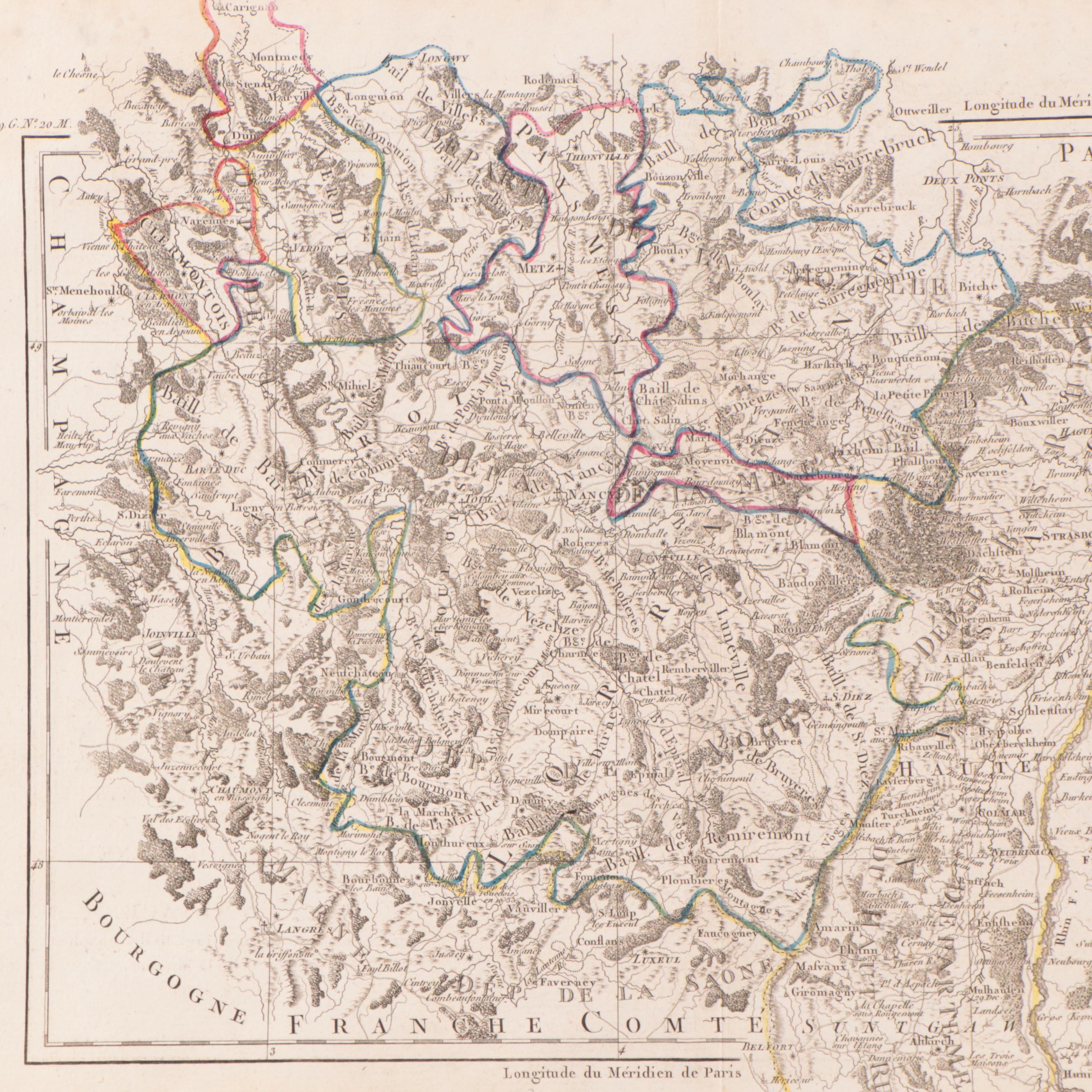 Rigobert Bonne Hand-Colored Map of Lorraine and Alsace, 1790