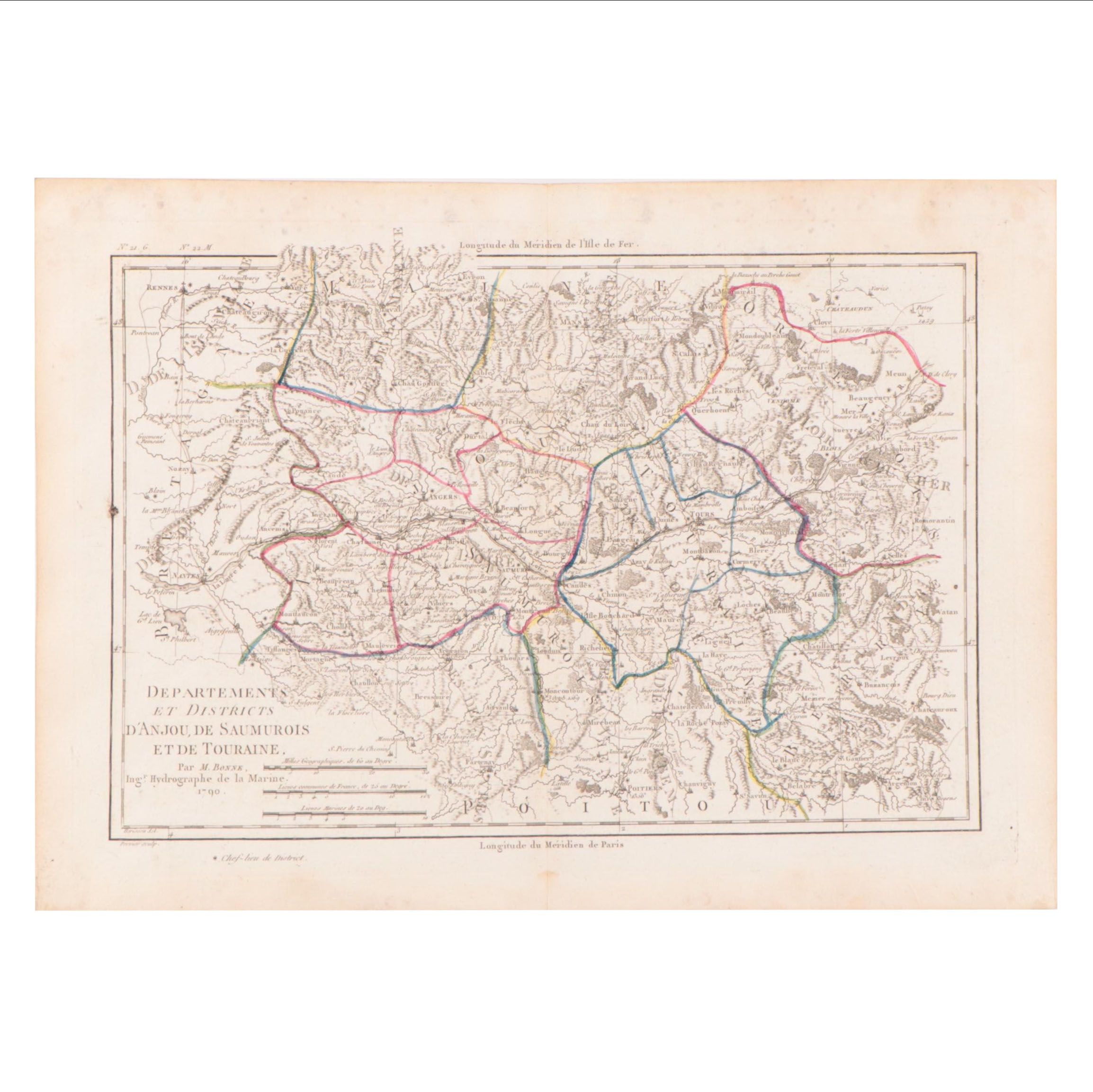 Rigobert Bonne Hand-Colored Map of Anjou, Saumurois, Touraine, 1790