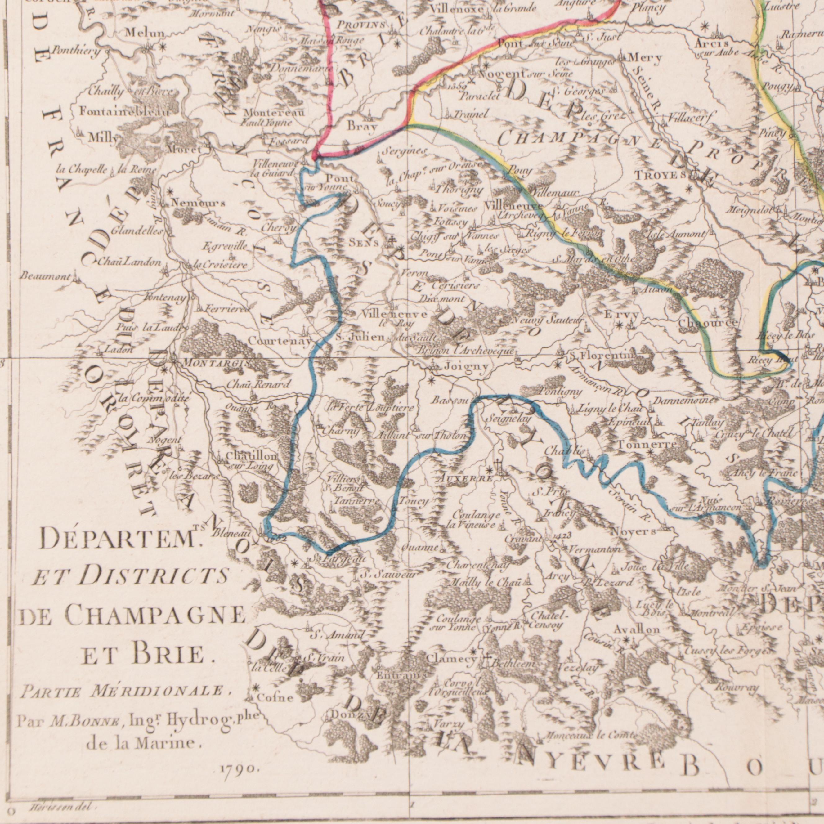 Rigobert Bonne Hand-Colored Map "Départements et Districts de Champagne et Brie"