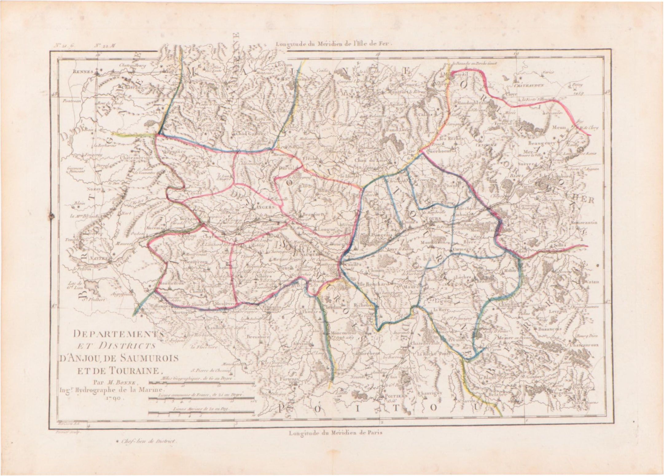 Rigobert Bonne Hand-Colored Map of Anjou, Saumurois, Touraine, 1790