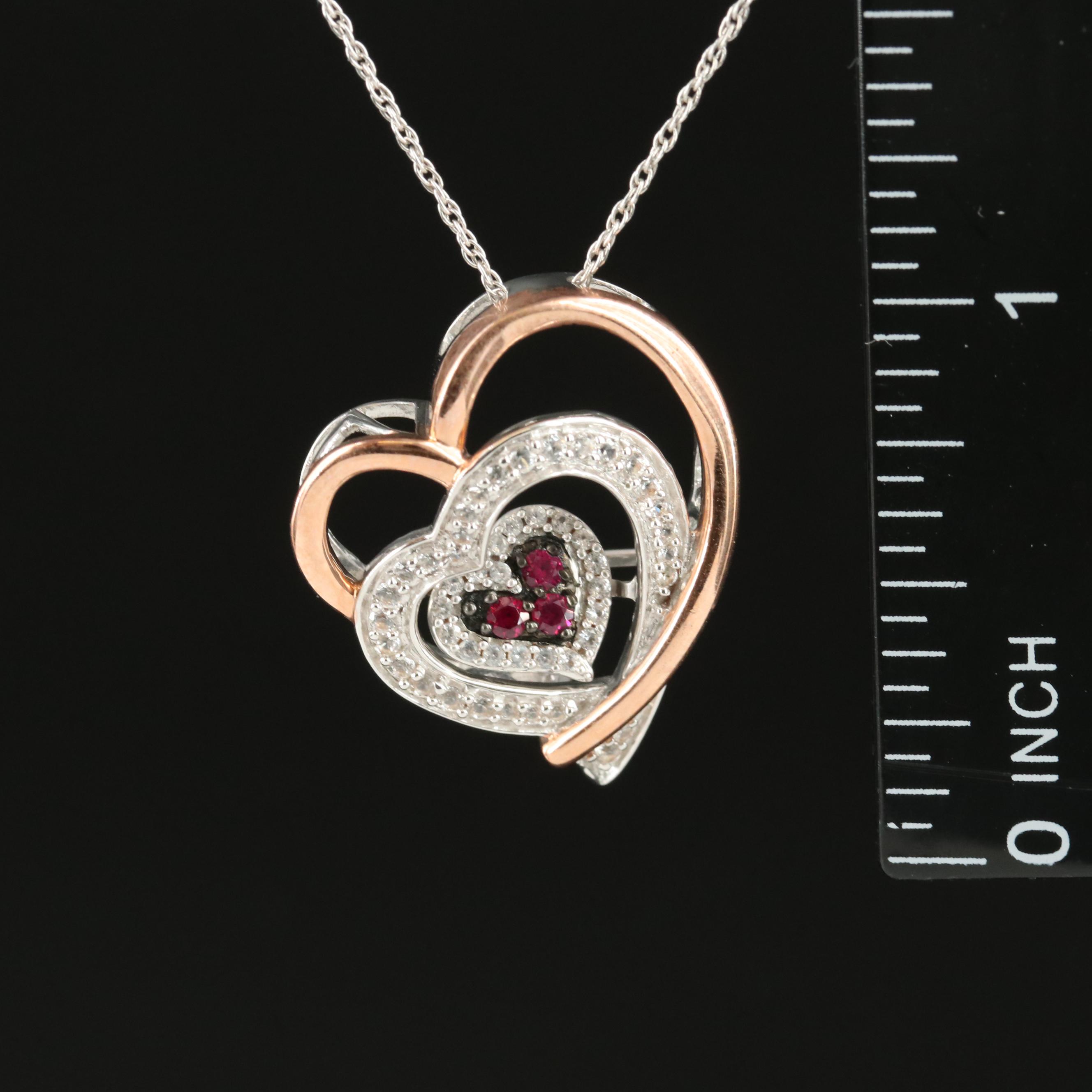 Sterling Ruby and Sapphire Heart Pendant Necklace