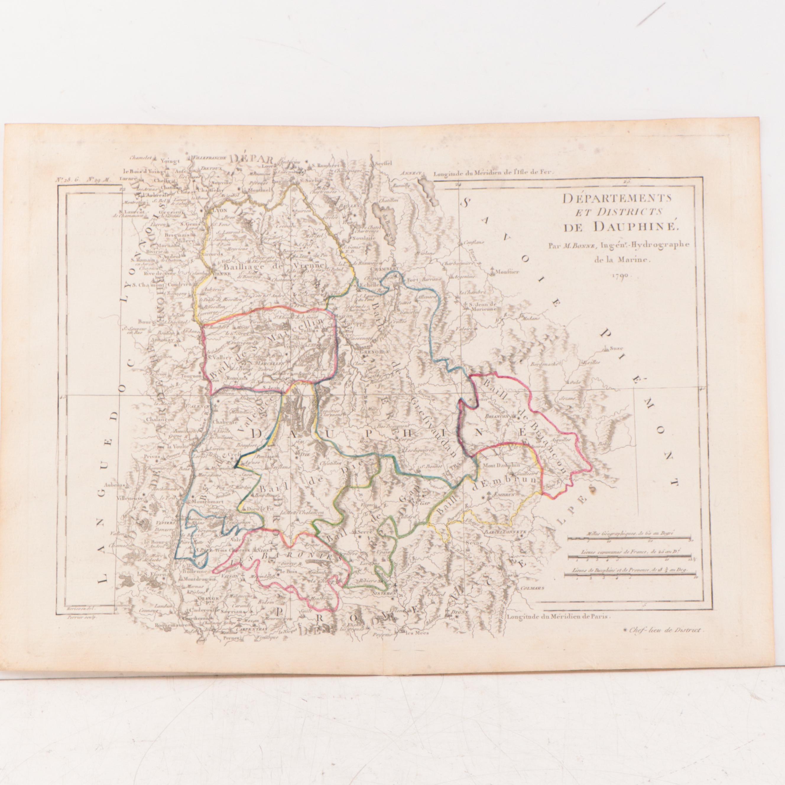 Rigobert Bonne Hand-Colored Map "Départements et Districts de Dauphné," 1790