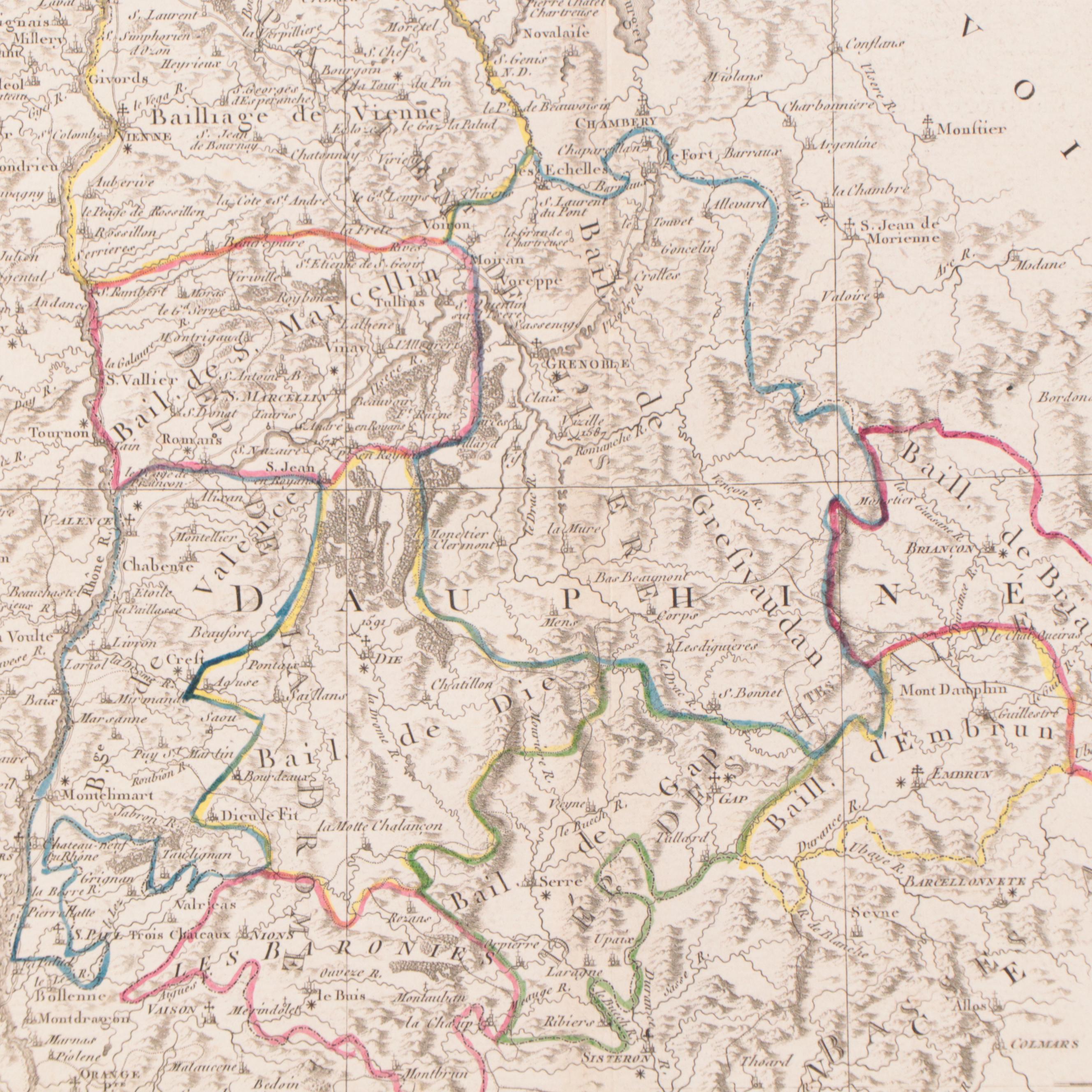 Rigobert Bonne Hand-Colored Map "Départements et Districts de Dauphné," 1790
