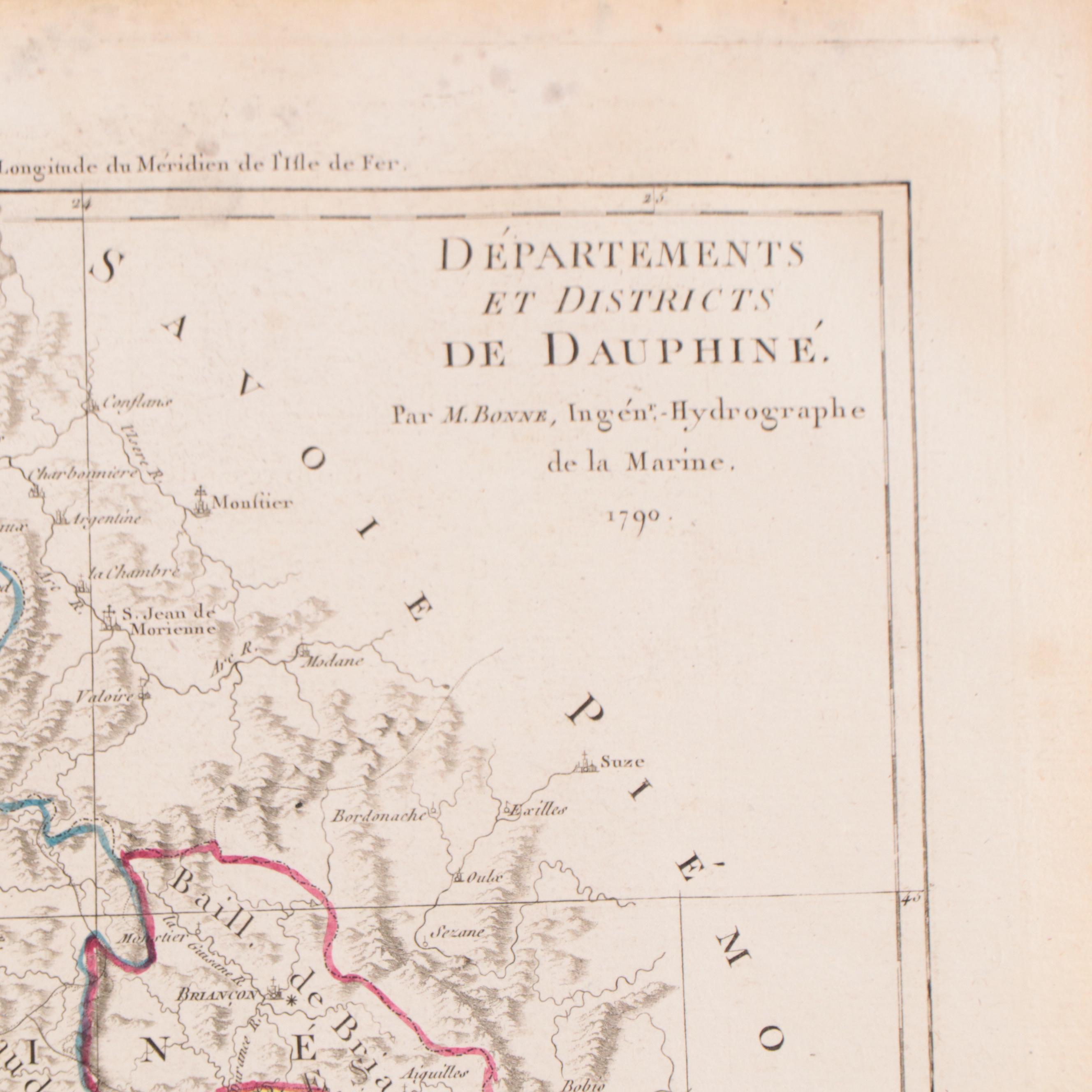 Rigobert Bonne Hand-Colored Map "Départements et Districts de Dauphné," 1790