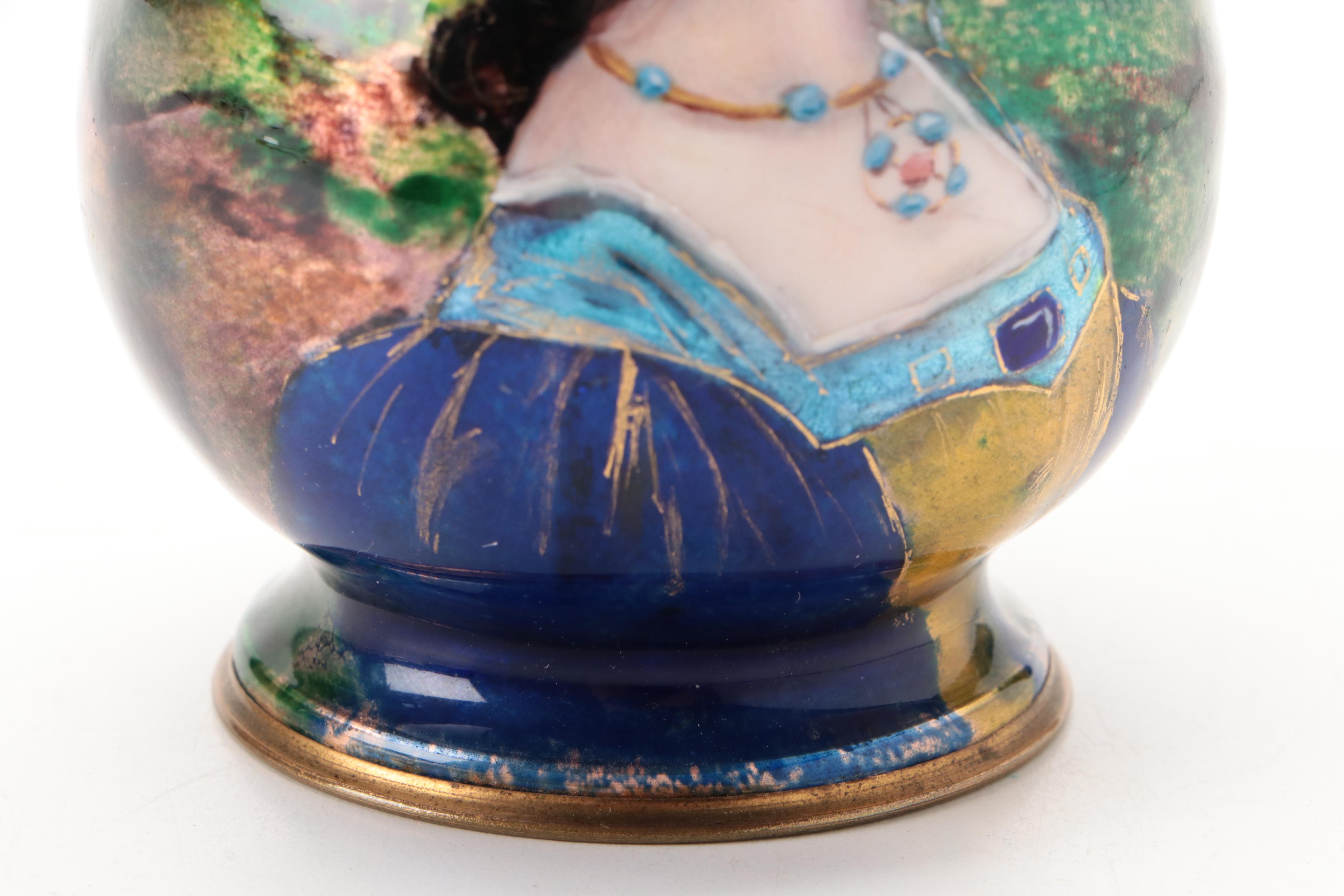 French Enamel on Copper Portrait Vase, 19th Century