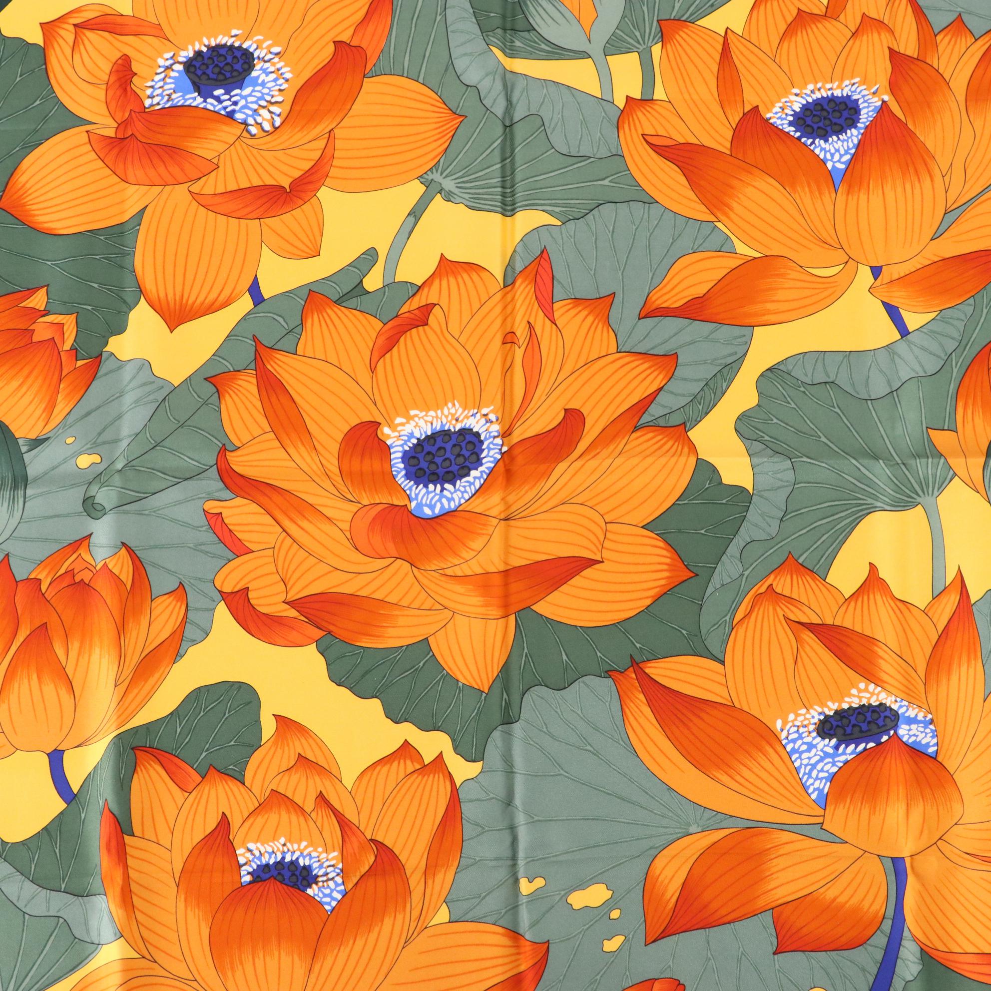 Hermès "Fleurs de Lotus" Scarf 90 in Silk Twill with Box