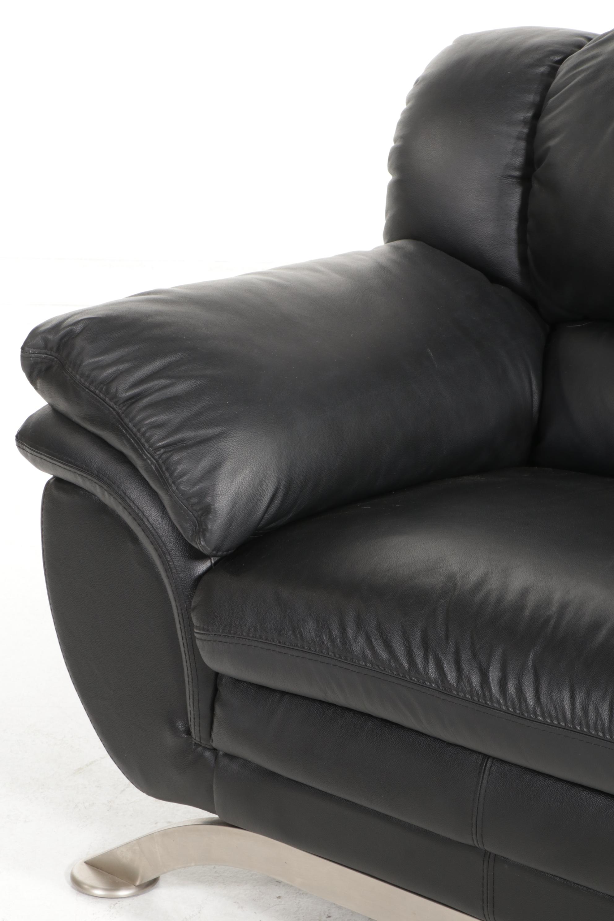 Fubao Modernist Style Black Faux Leather and Metal Sofa