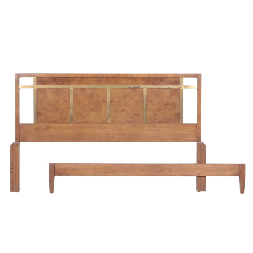 IMid Century Modern Olive Ash Burl and Brass Queen Headboard and Footboard