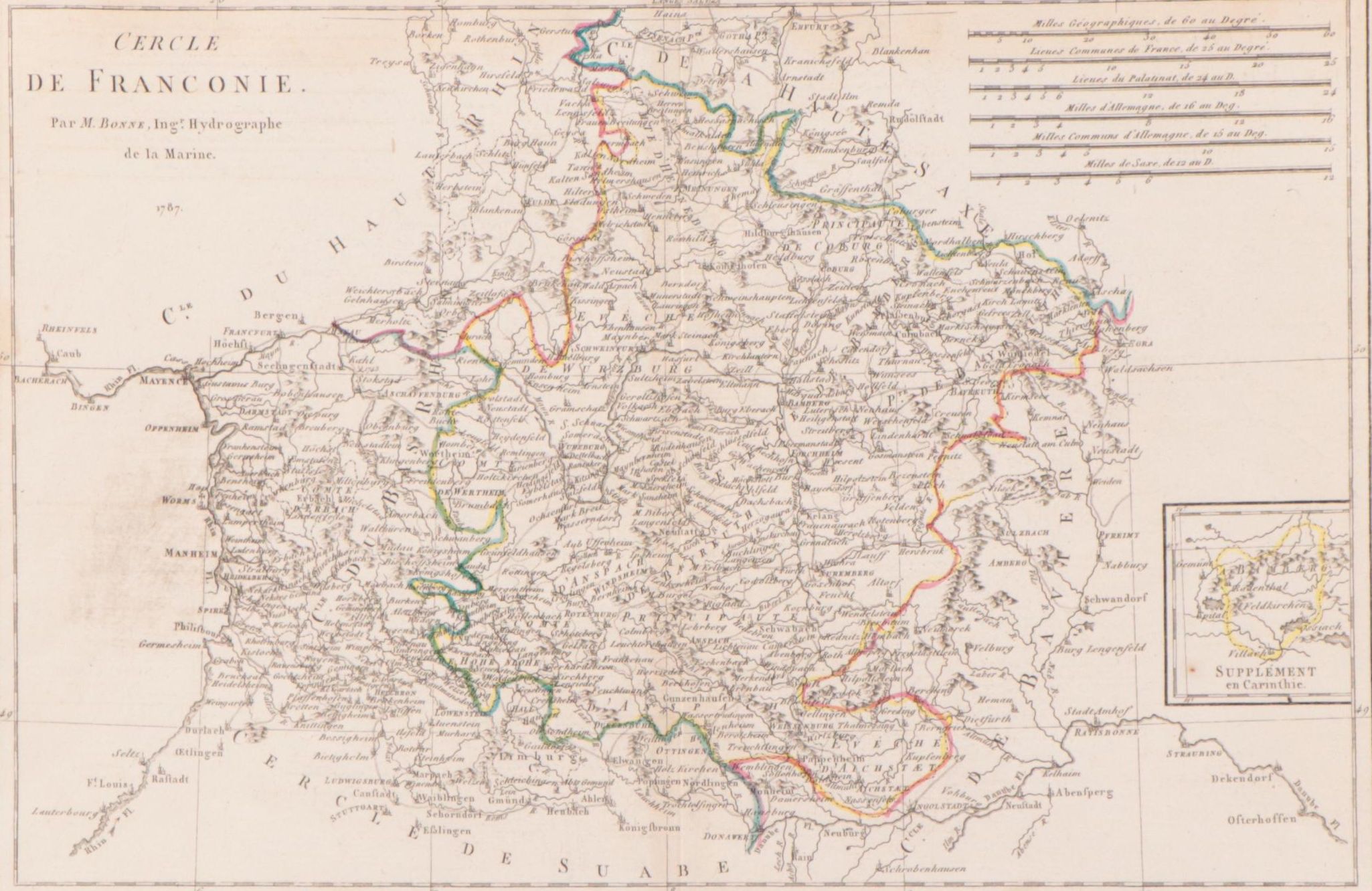 Rigobert Bonne Hand-Colored Map "Cercle de Franconie," 1790