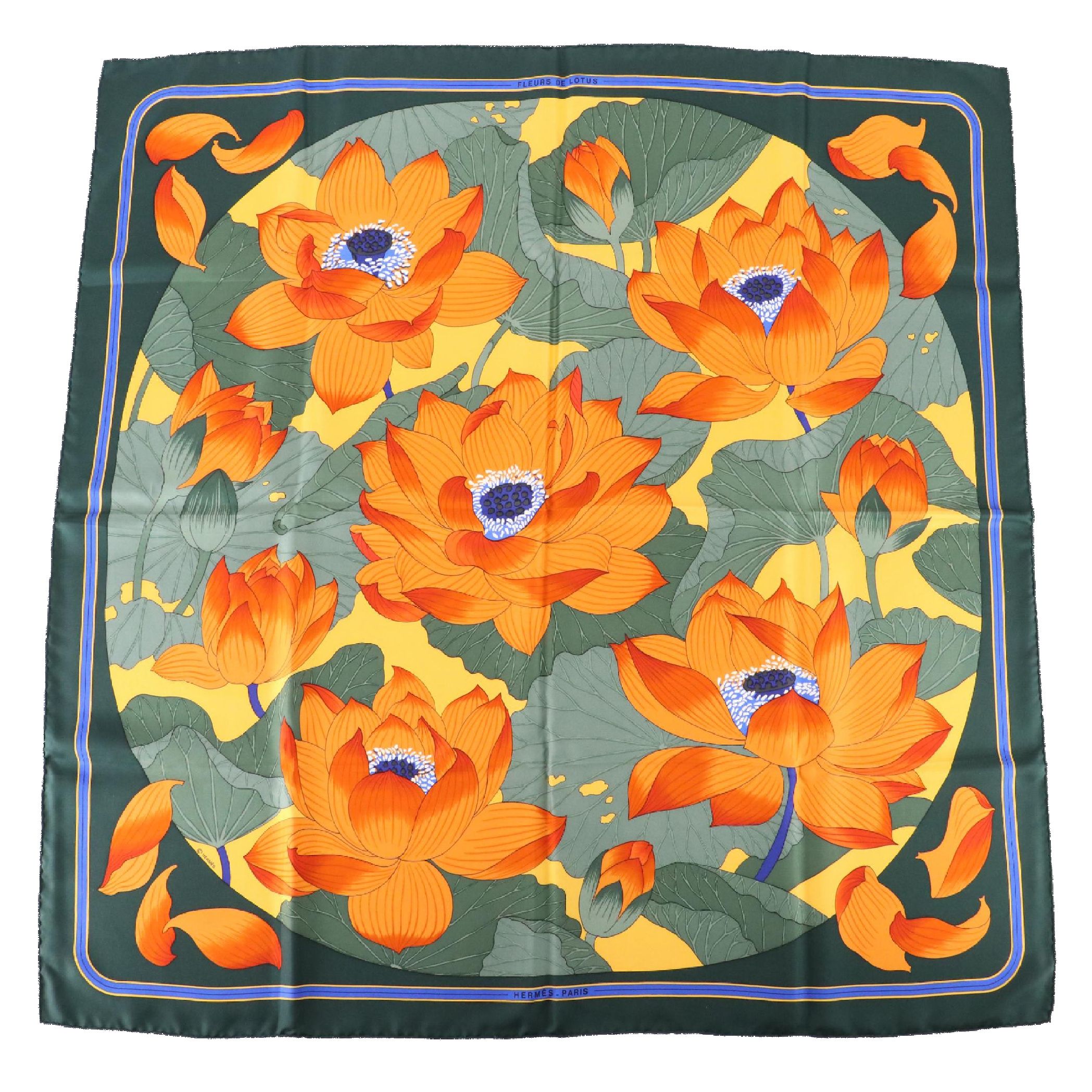 Hermès "Fleurs de Lotus" Scarf 90 in Silk Twill with Box