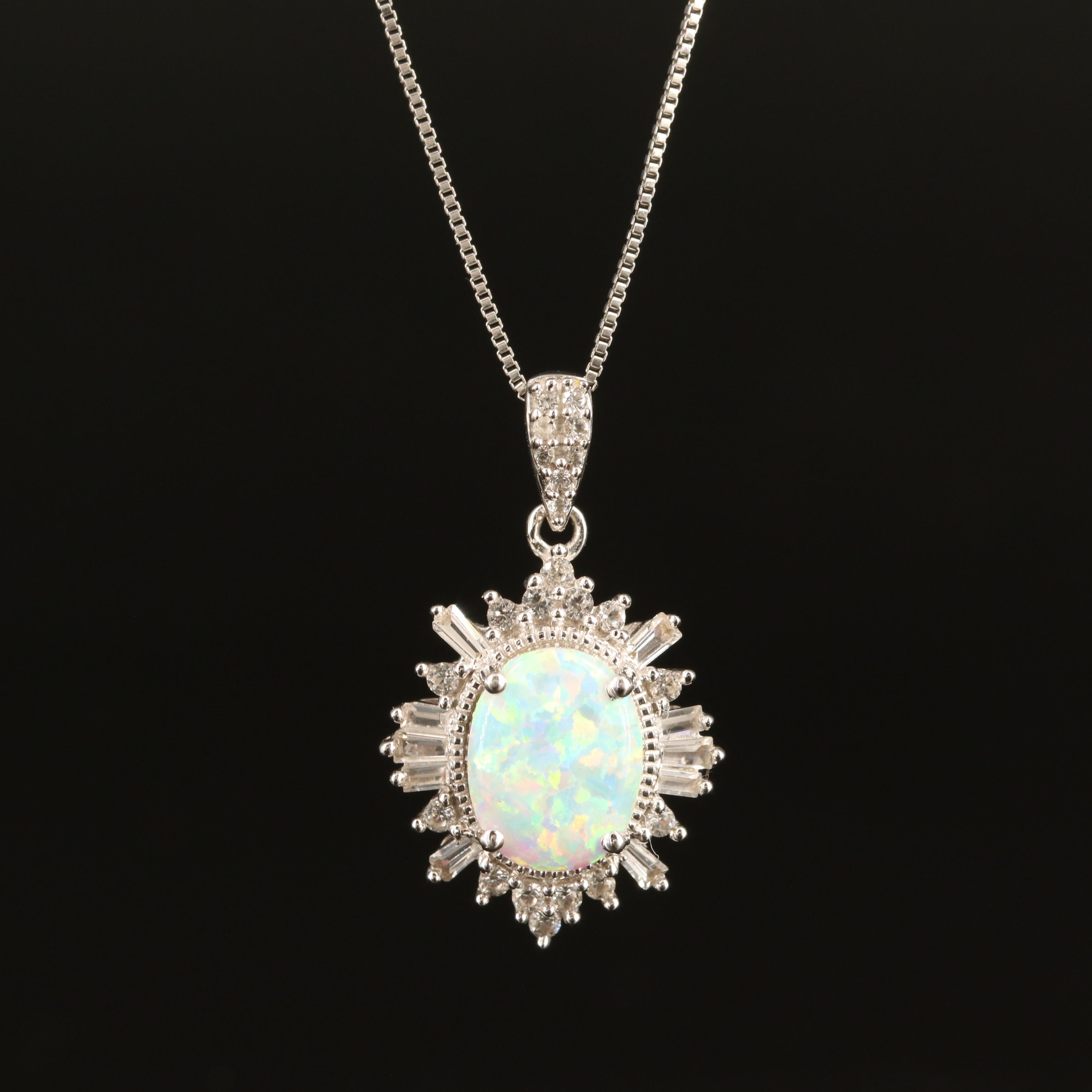 Sterling Opal and White Sapphire Pendant Necklace