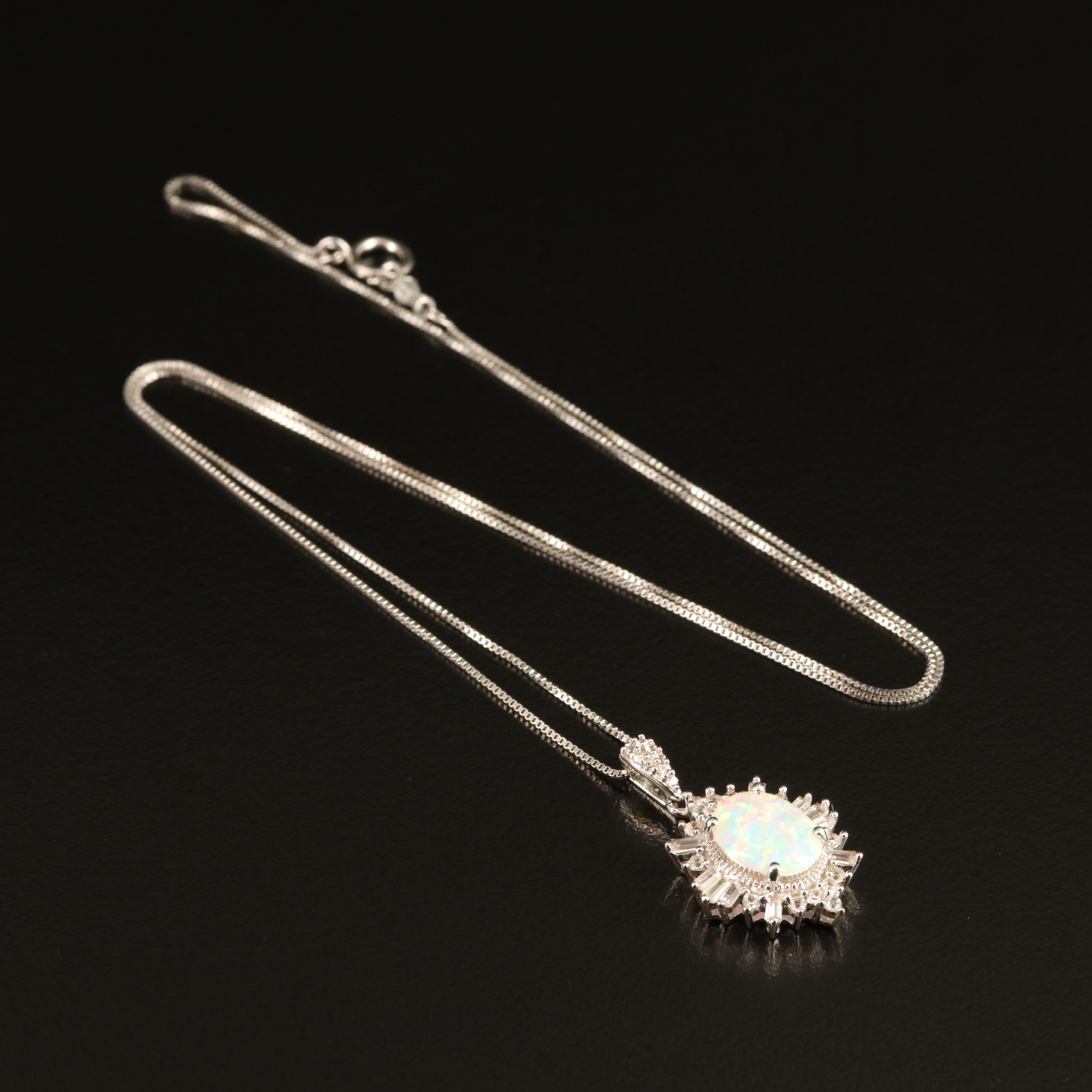 Sterling Opal and White Sapphire Pendant Necklace