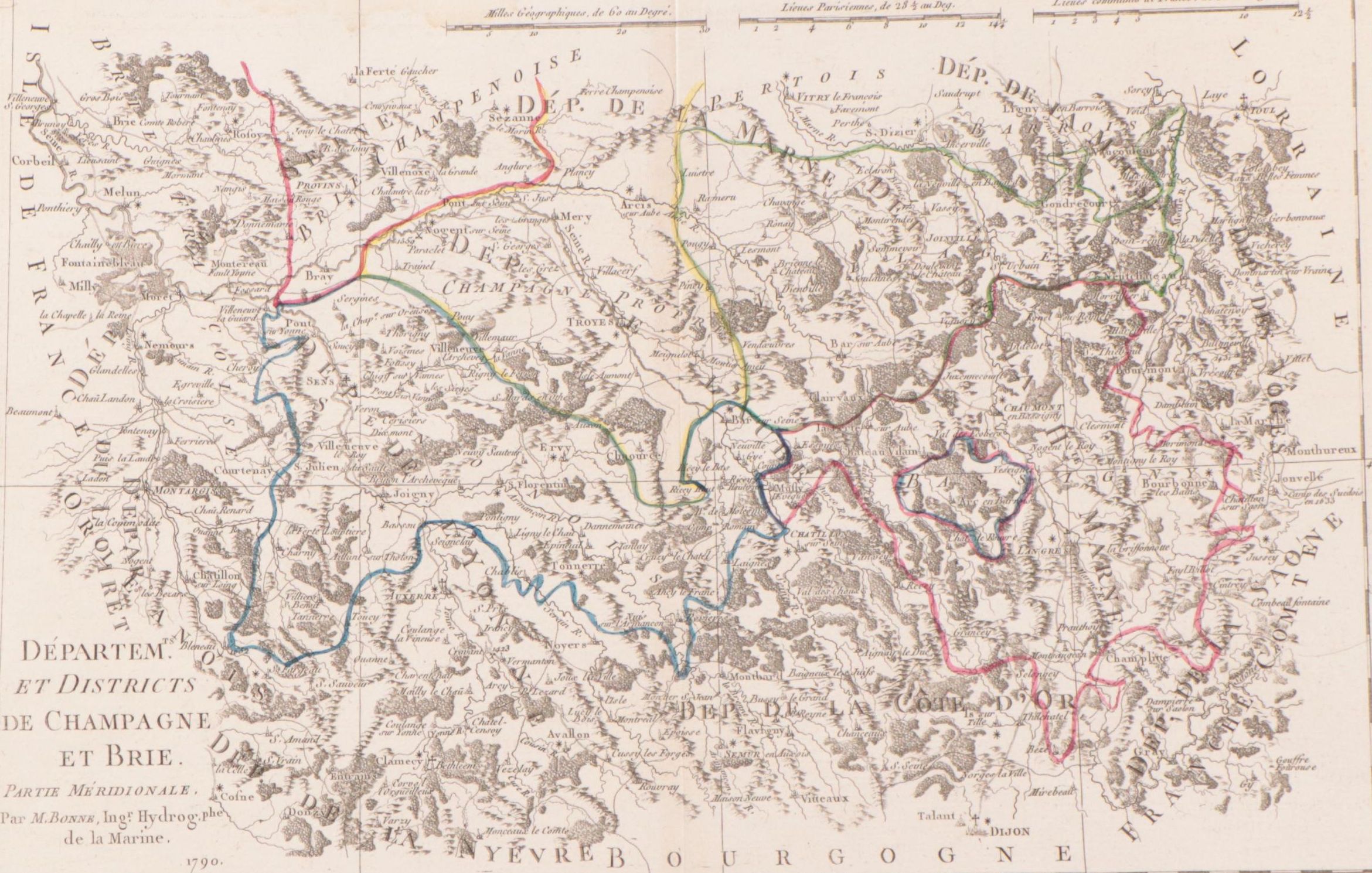 Rigobert Bonne Hand-Colored Map "Départements et Districts de Champagne et Brie"