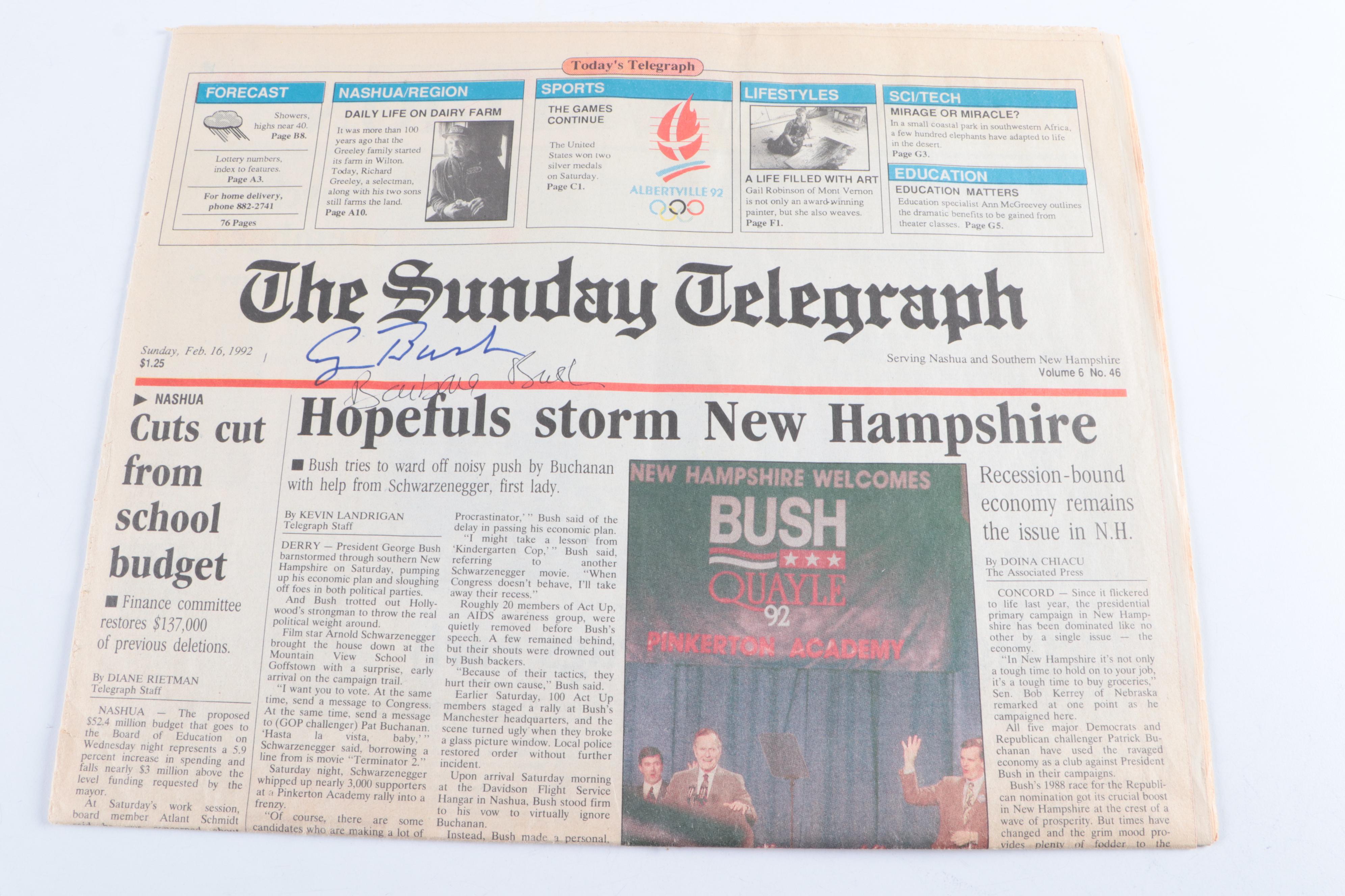 George H.W. Bush and Barbra Bush Signed Newspaper with Campaign Photos