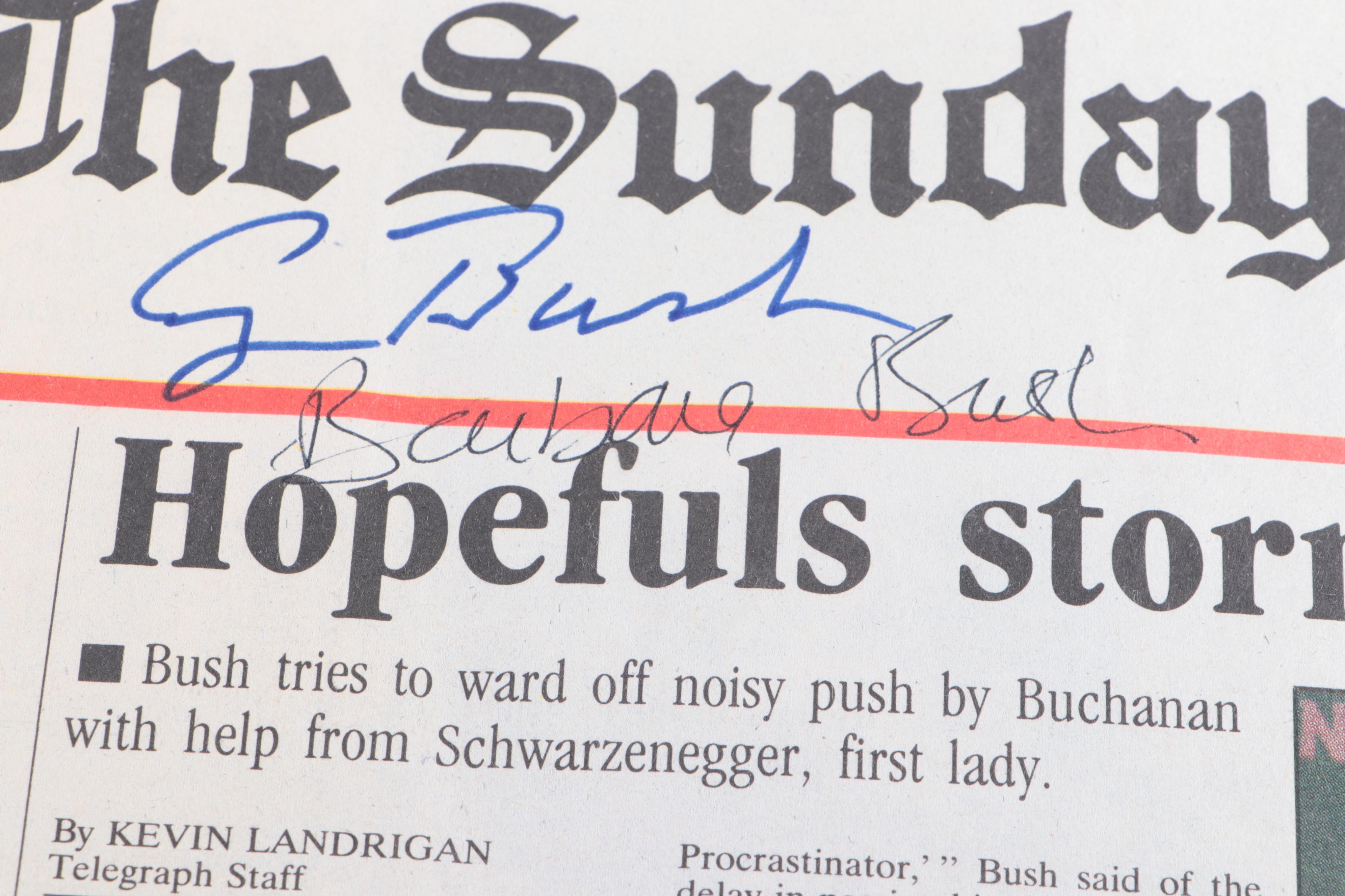 George H.W. Bush and Barbra Bush Signed Newspaper with Campaign Photos