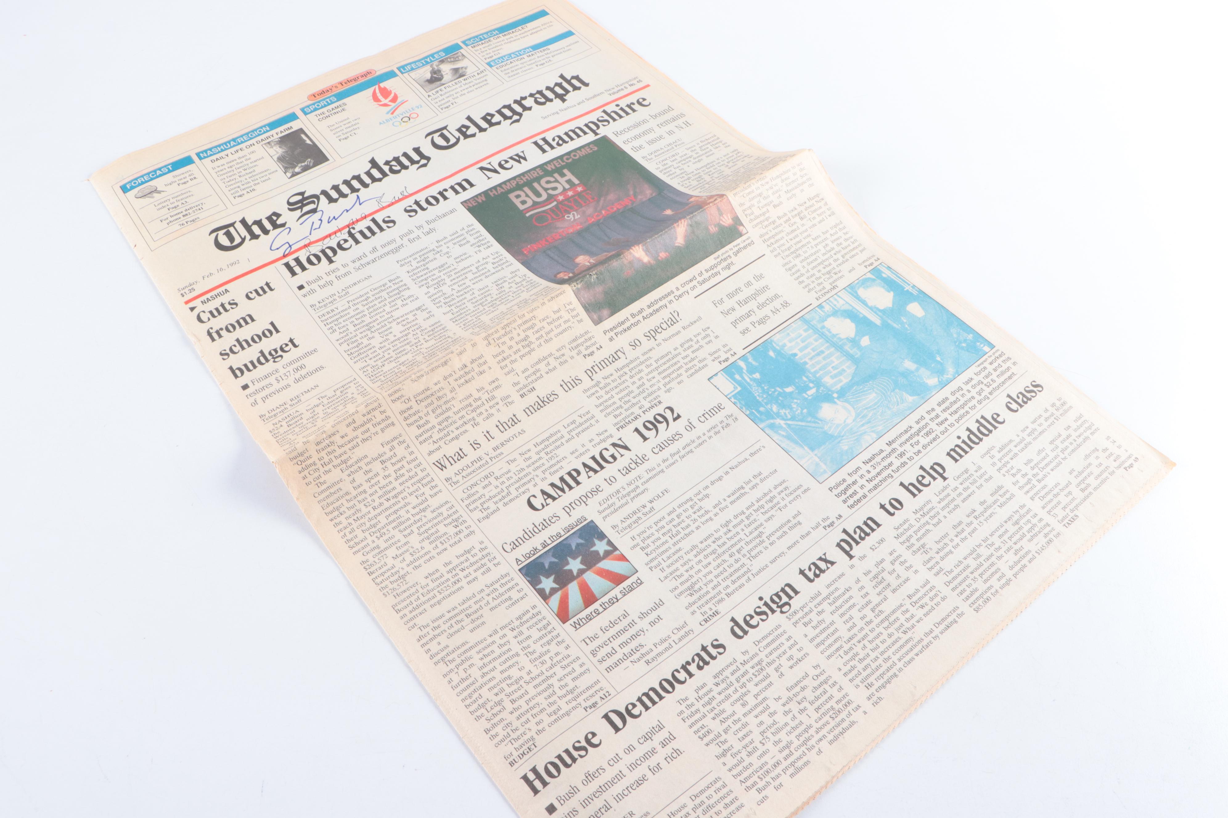 George H.W. Bush and Barbra Bush Signed Newspaper with Campaign Photos