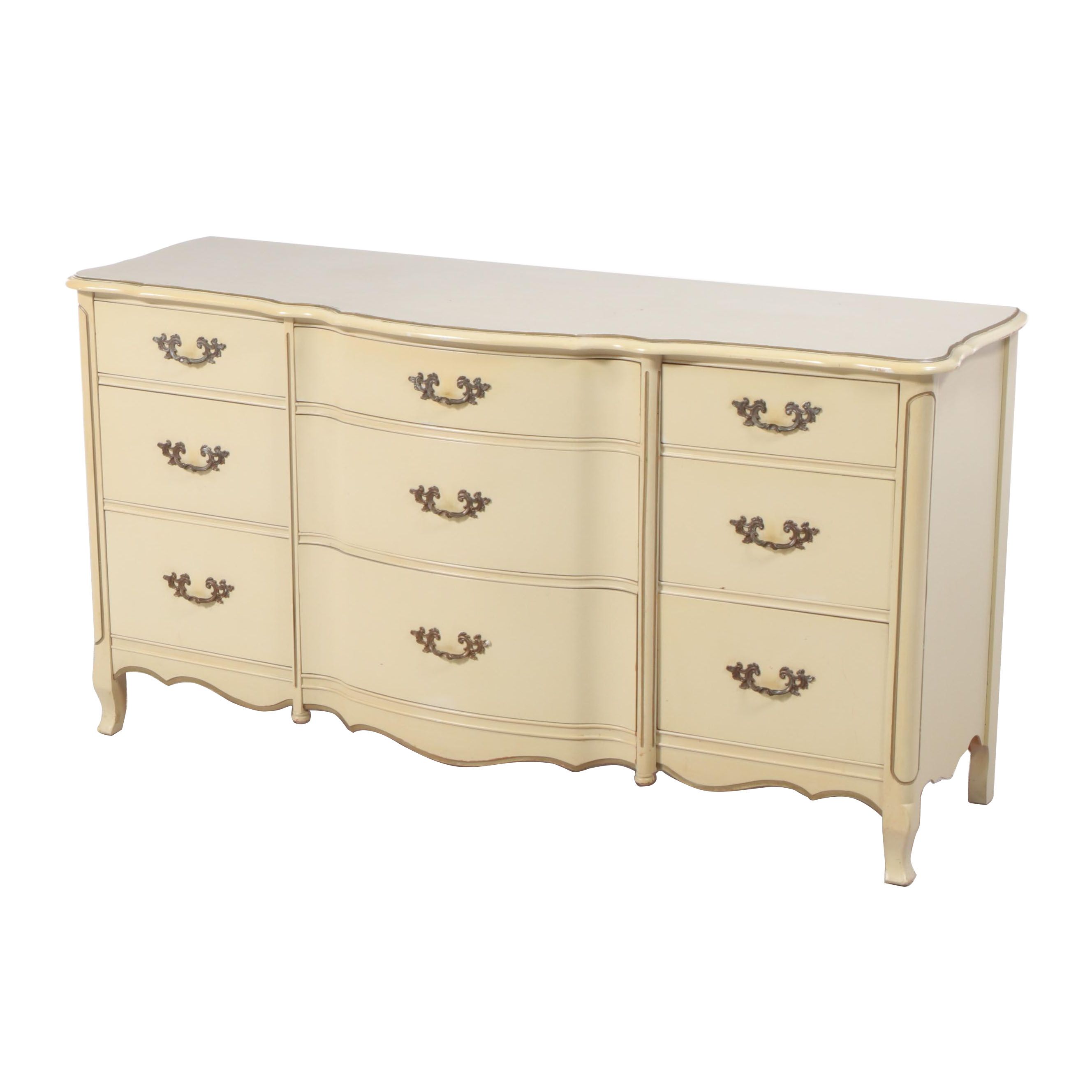 French Provincial Style Painted, Parcel-Gilt, and Laminate Top Nine-Drawer Chest