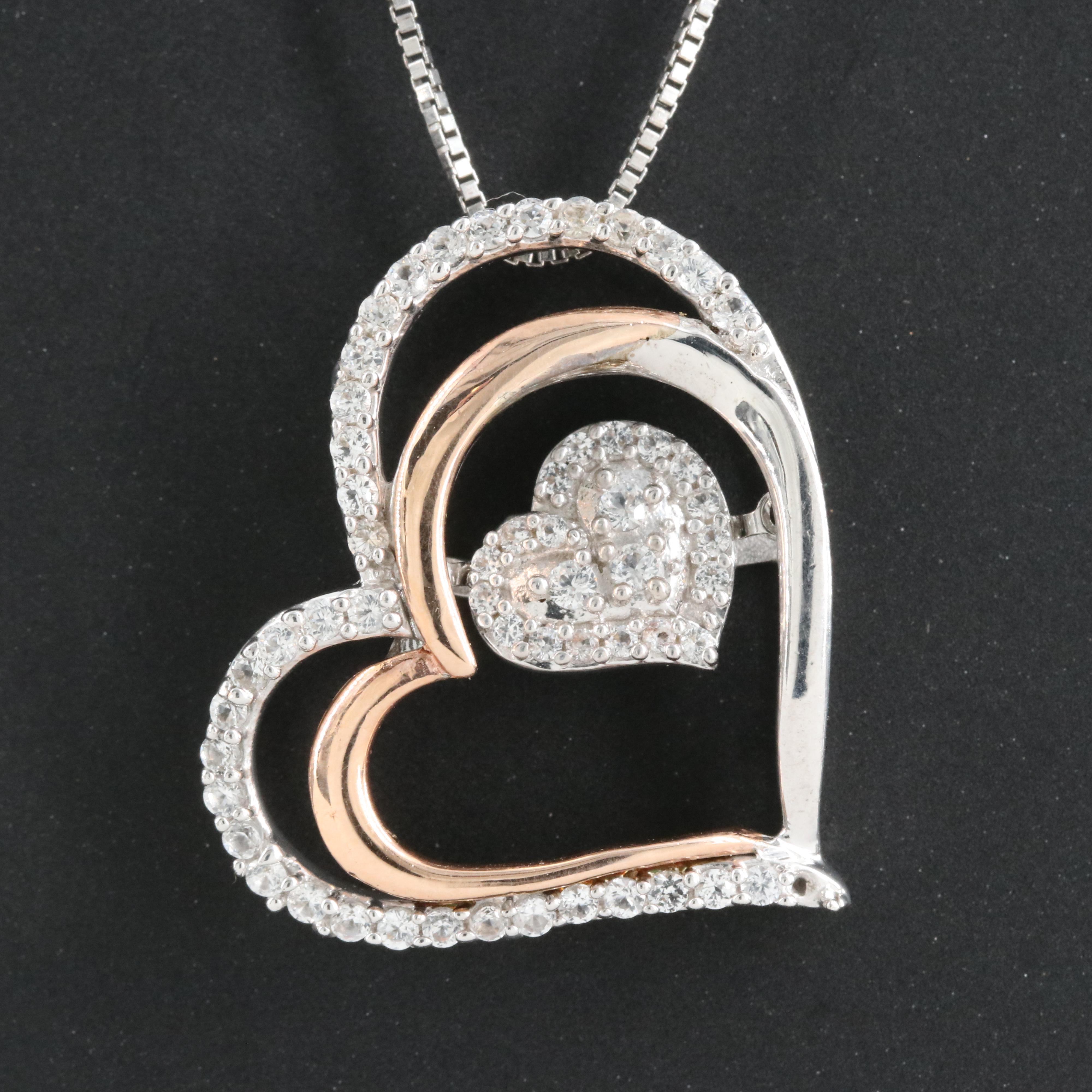 Sterling Sapphire Heart Tremble Necklace with 10K Rose Gold Accents