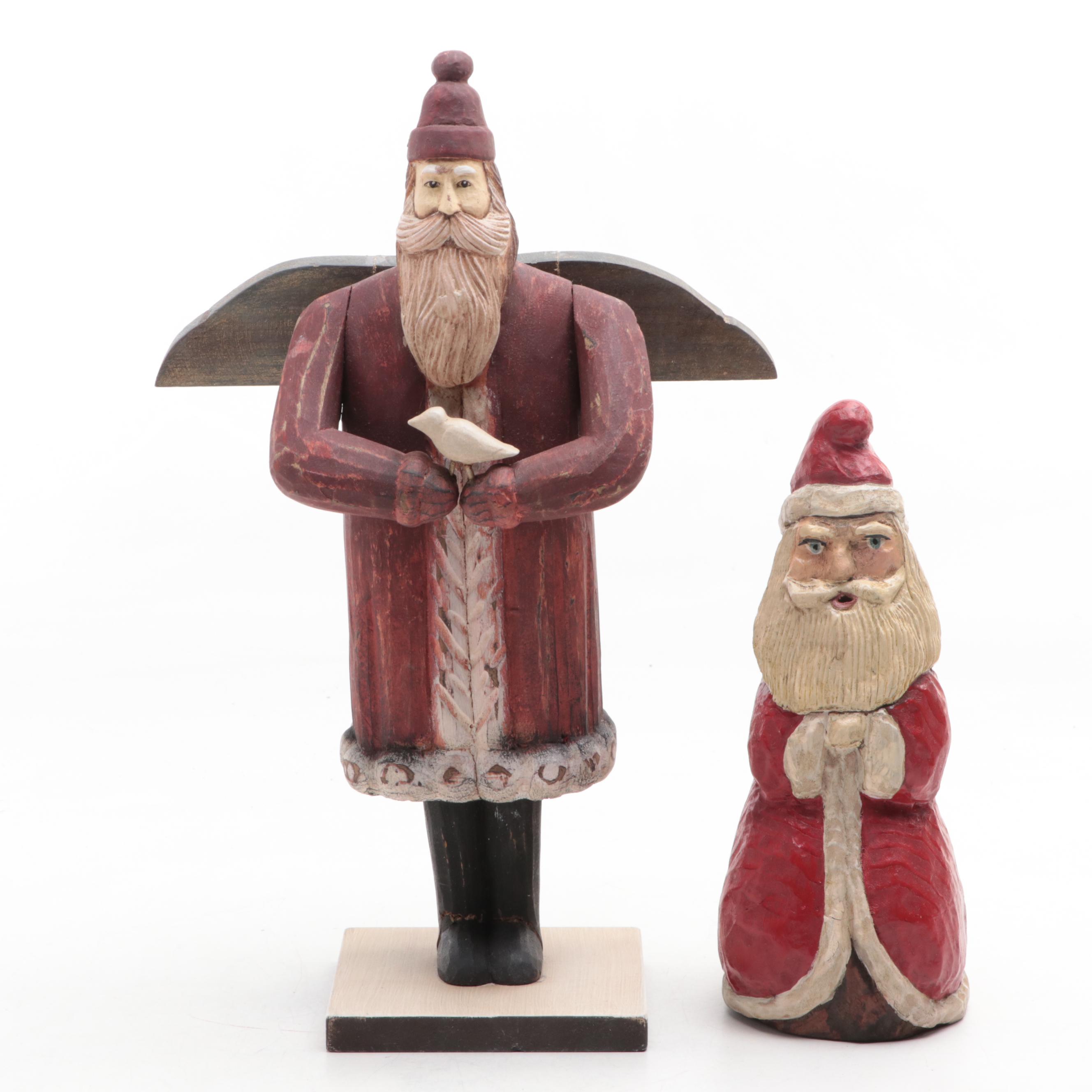 Resin and Wood Folk Art Santas and Sleigh with Reindeer