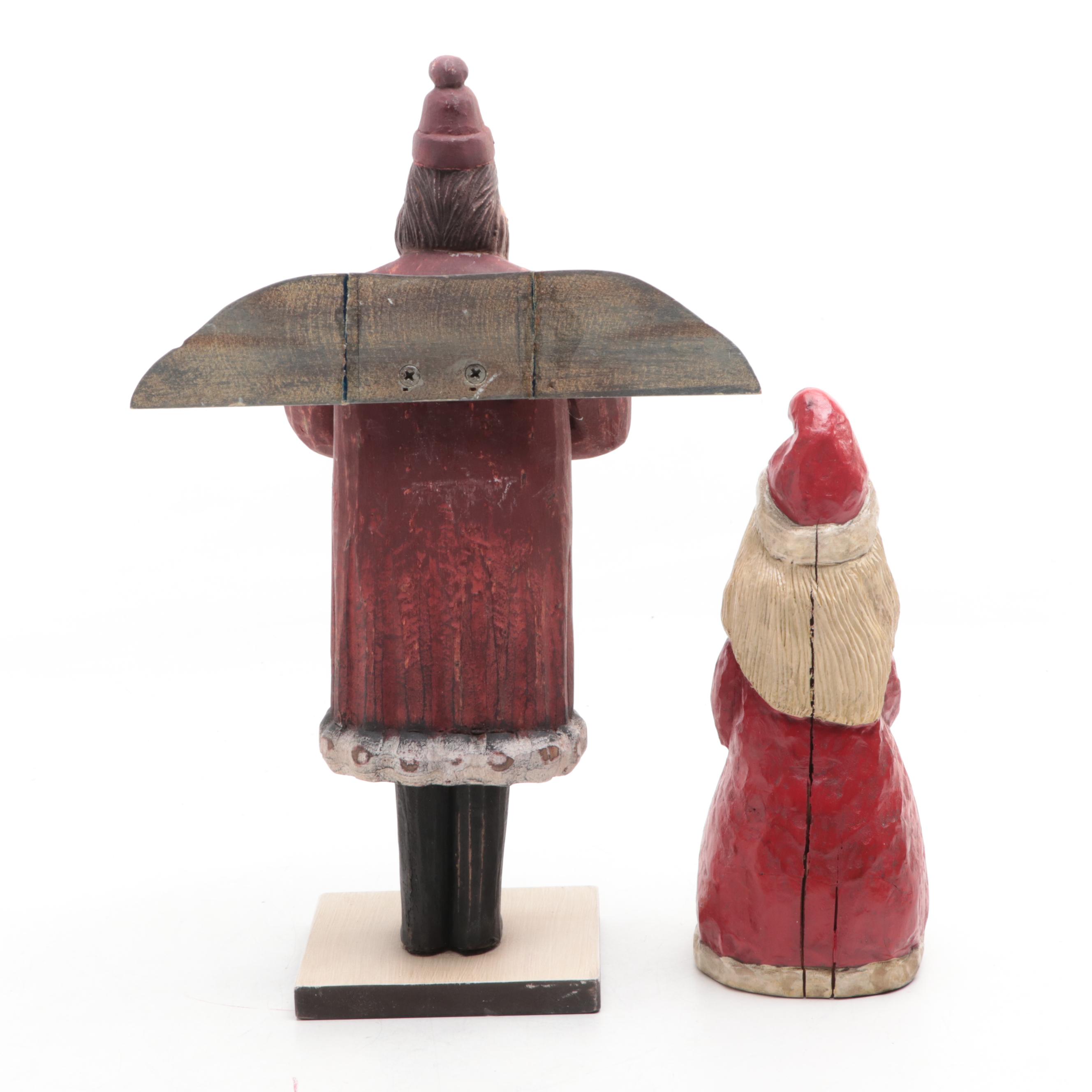 Resin and Wood Folk Art Santas and Sleigh with Reindeer