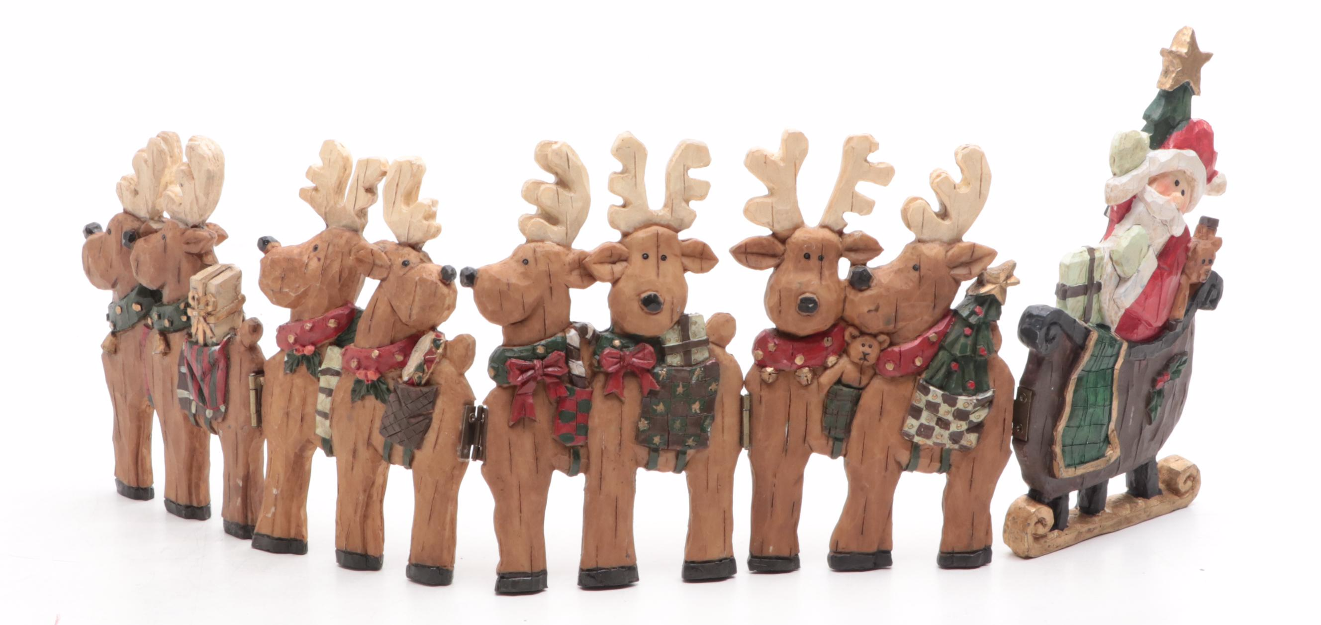 Resin and Wood Folk Art Santas and Sleigh with Reindeer