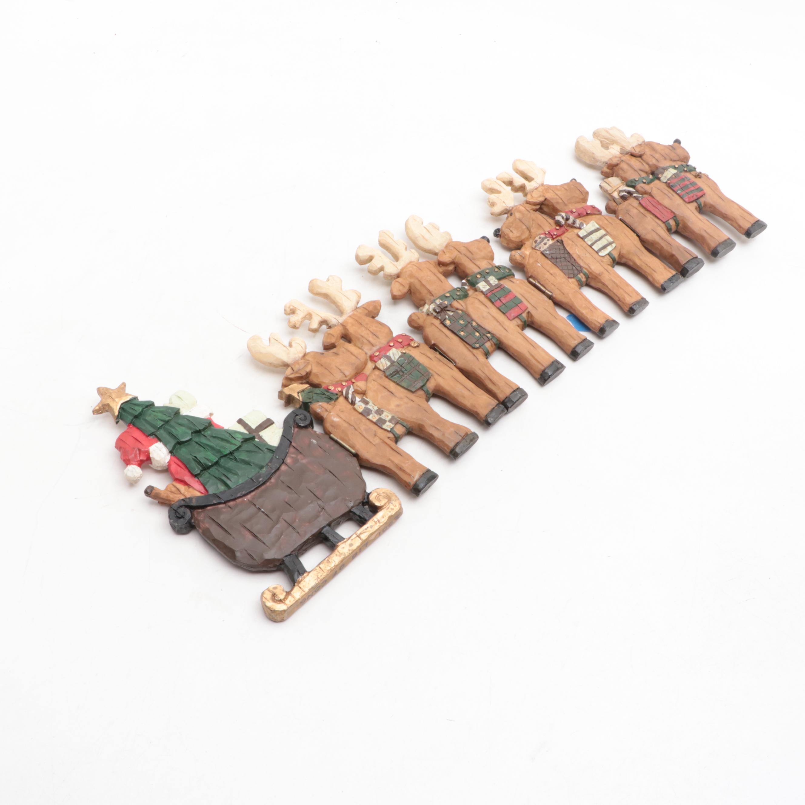 Resin and Wood Folk Art Santas and Sleigh with Reindeer