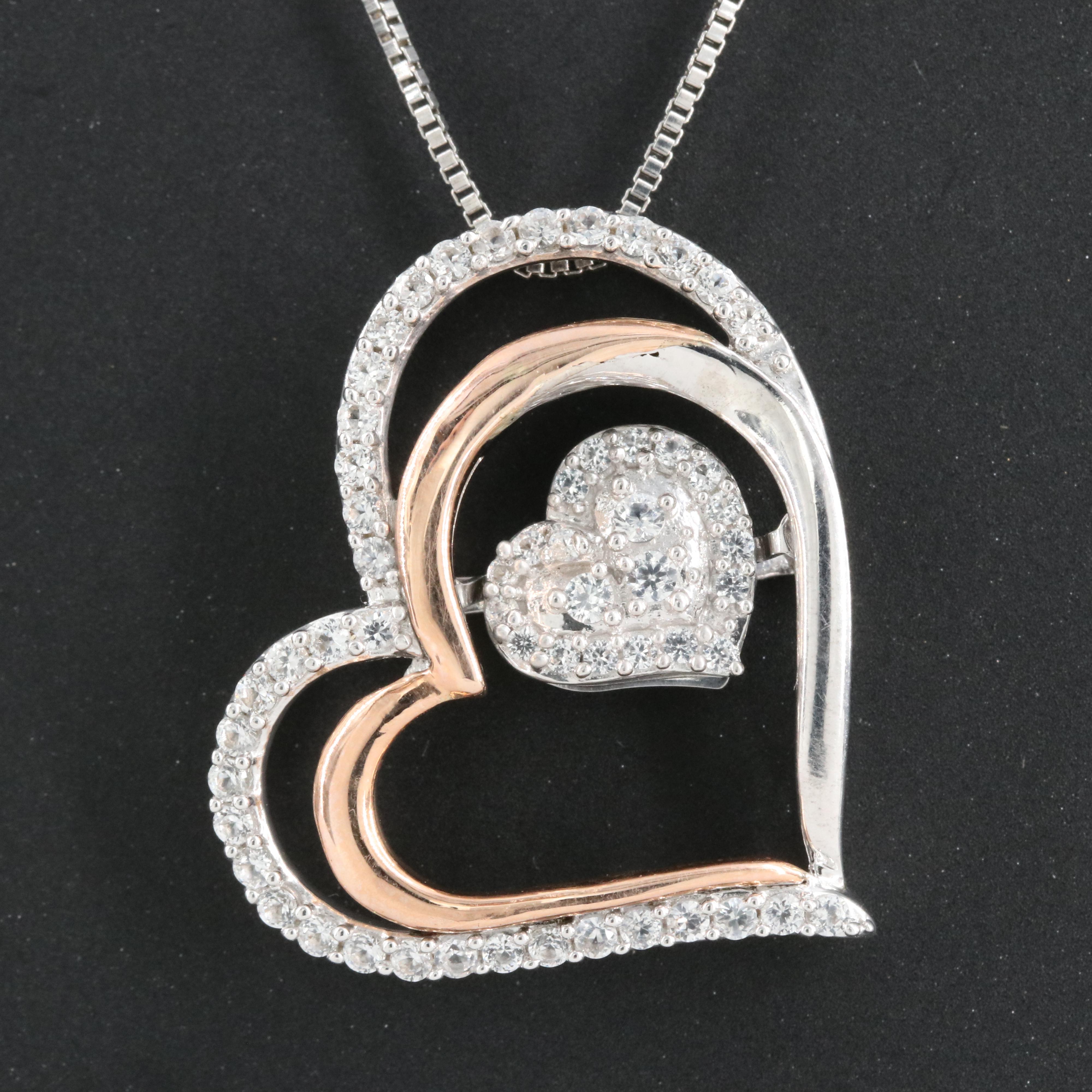Sterling Sapphire Heart Tremble Necklace with 10K Rose Gold Accents
