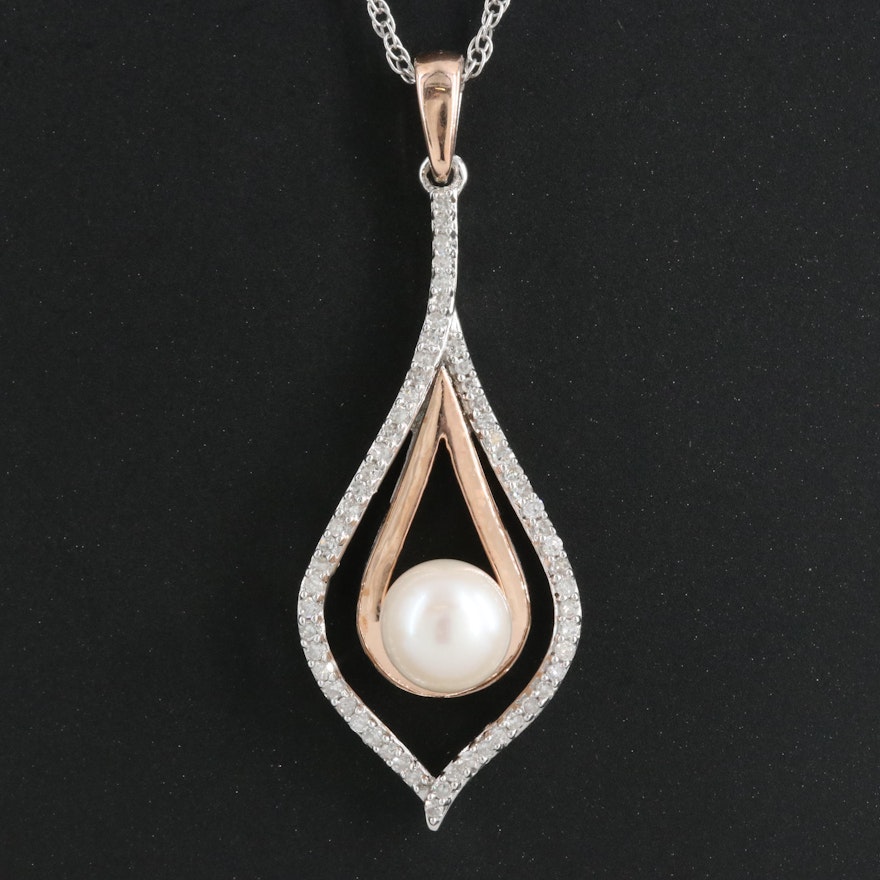 Sterling Pearl and Diamond Pendant Necklace with 14K Rose Gold Accents