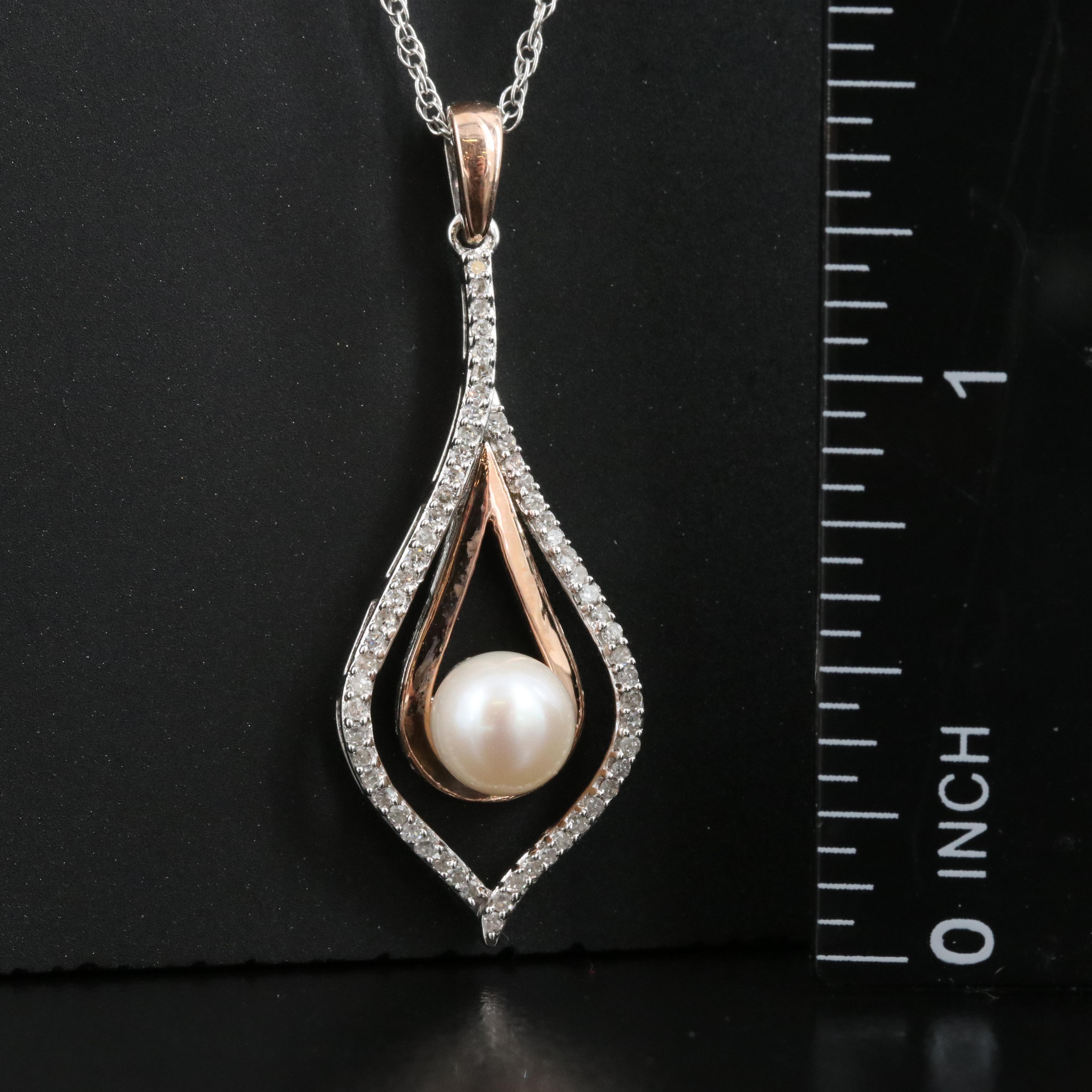 Sterling Pearl and Diamond Pendant Necklace with 14K Rose Gold Accents