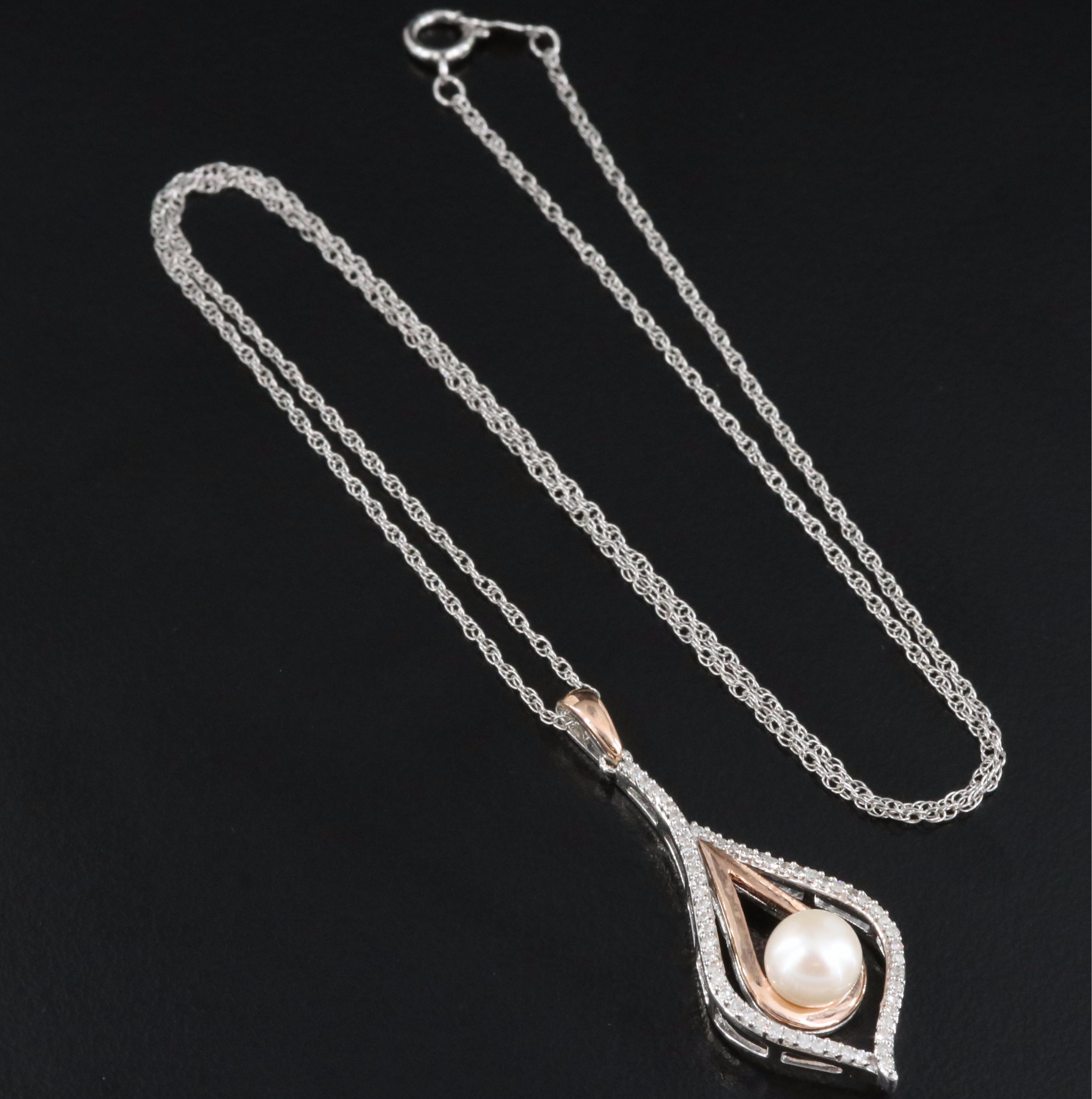Sterling Pearl and Diamond Pendant Necklace with 14K Rose Gold Accents