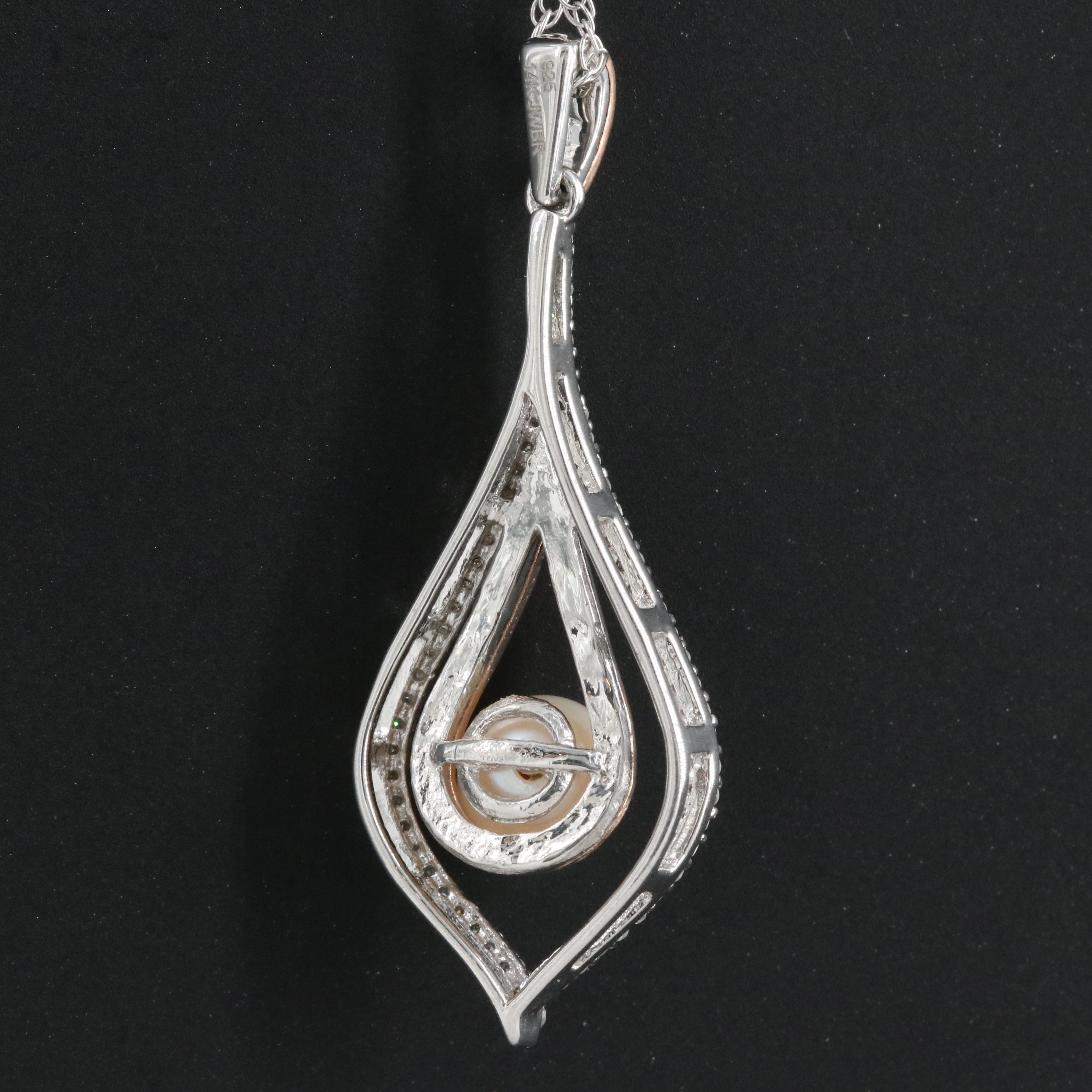 Sterling Pearl and Diamond Pendant Necklace with 14K Rose Gold Accents