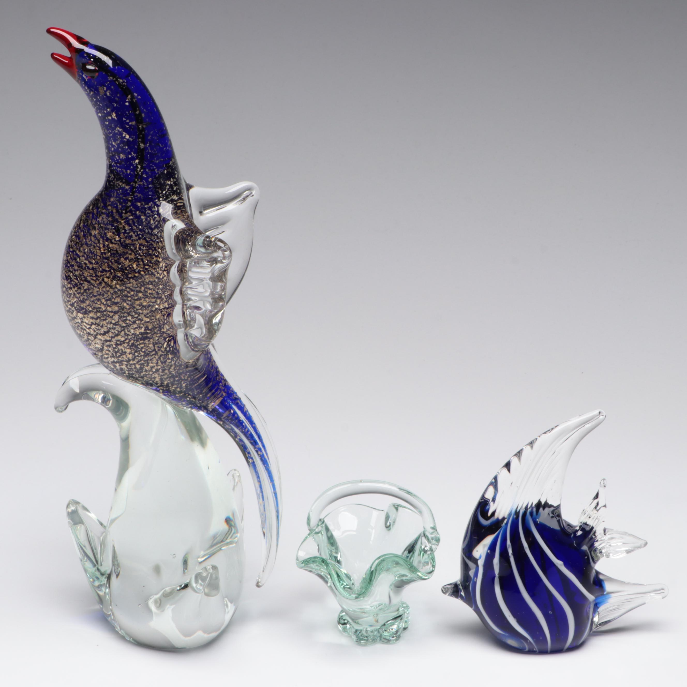 Handmade Art Glass Bird, Basket, and Fish Figurines