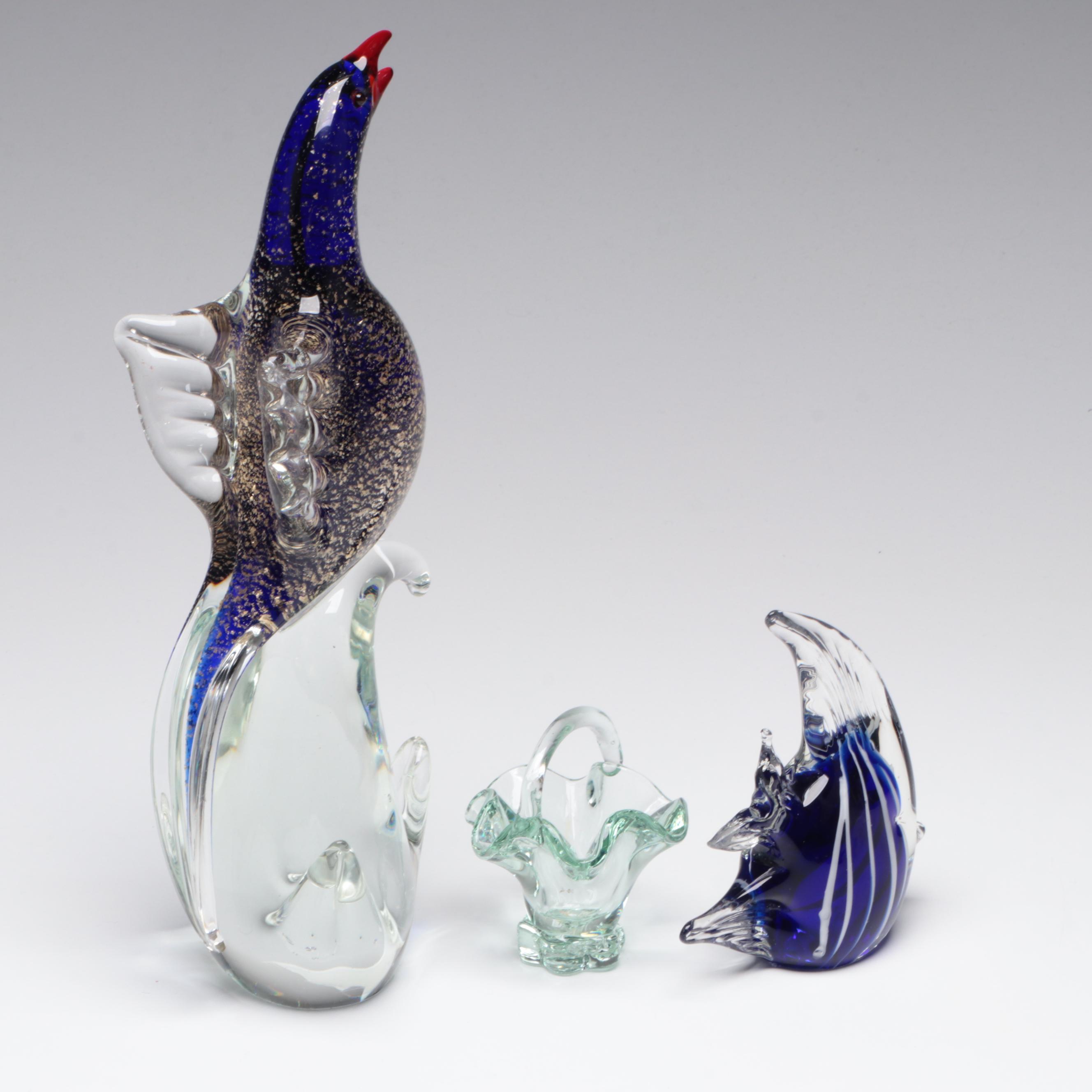 Handmade Art Glass Bird, Basket, and Fish Figurines