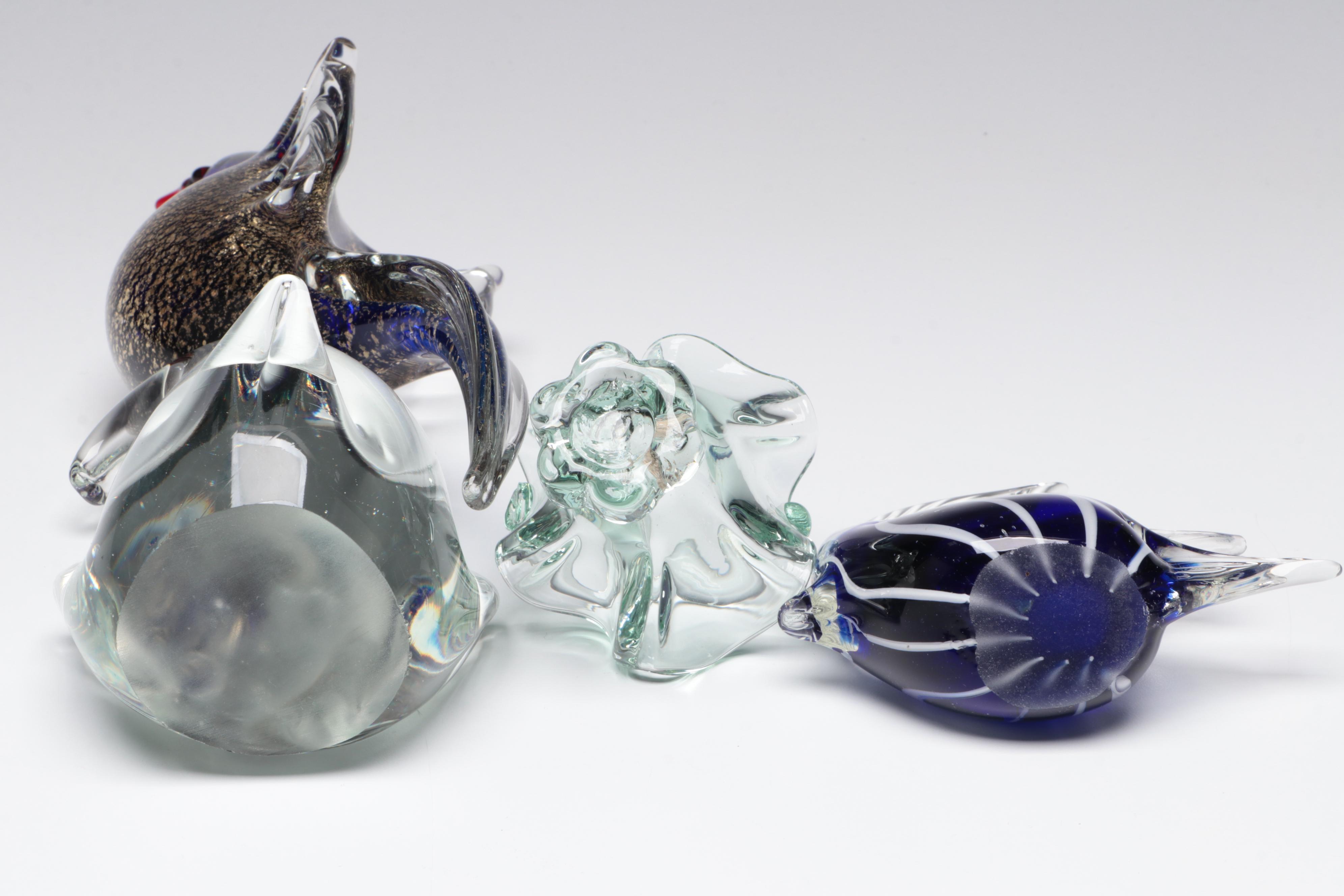 Handmade Art Glass Bird, Basket, and Fish Figurines